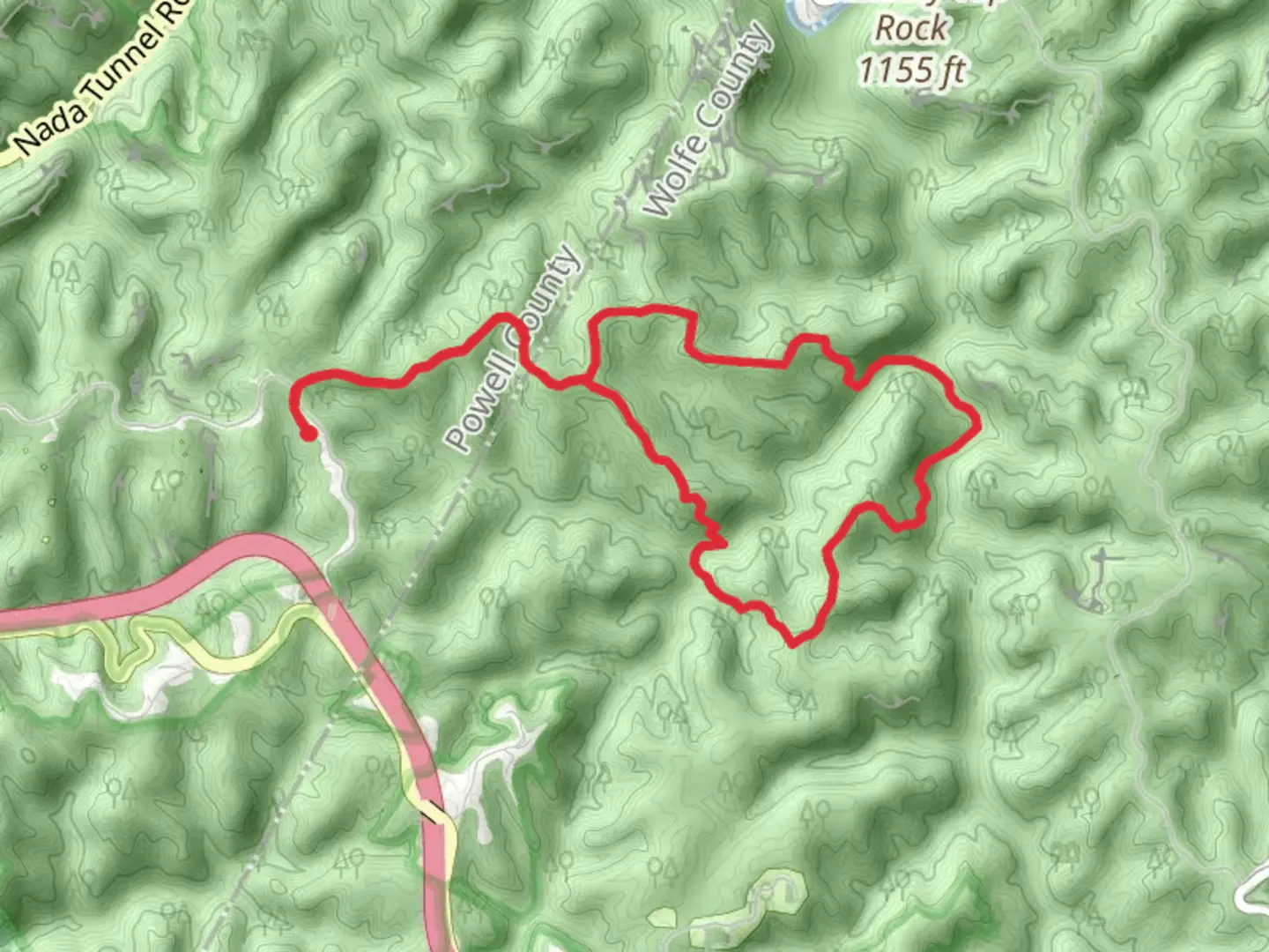 An image depicting the trail Sheltowee Trace, Buck and Koomer Ridge Loop Trail and its surrounding area.