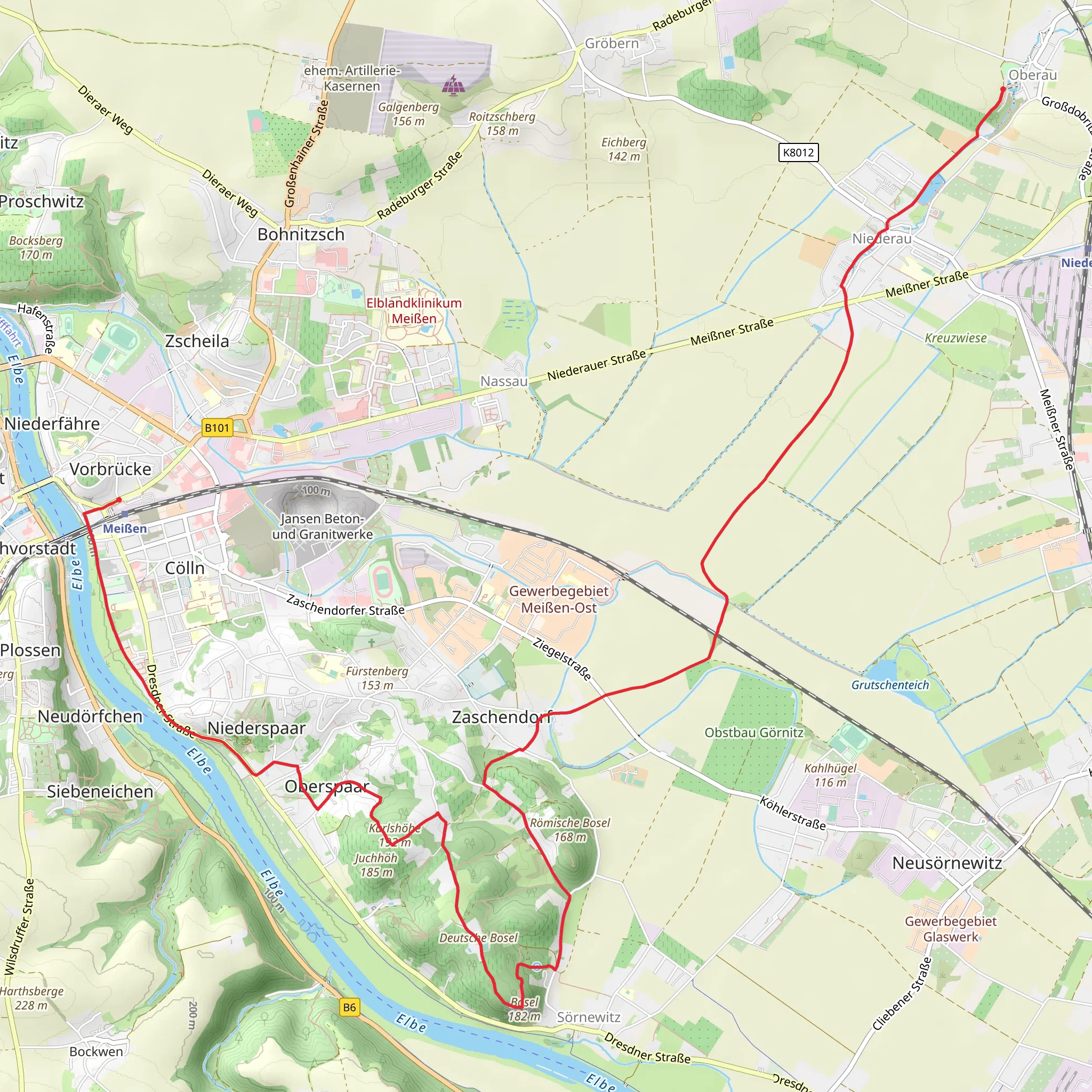 Oberau to Meissen via Boselweg and Rautenbergweg mobile static map