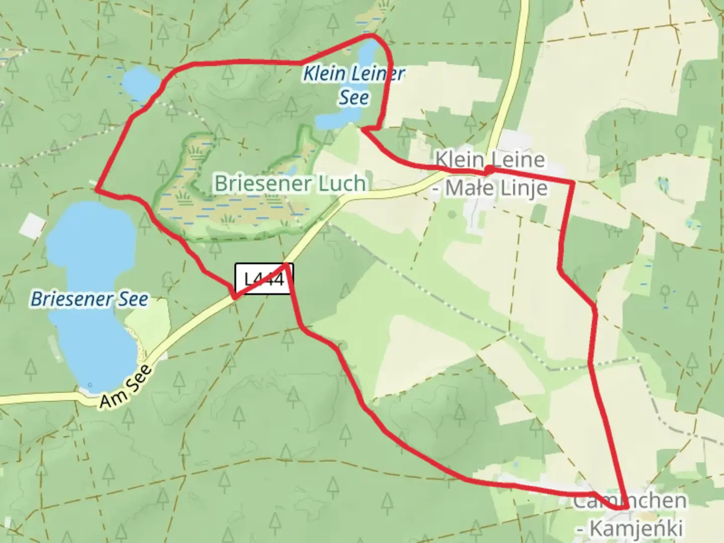 An image depicting the trail Klein Leiner See and Briesener See via Luebben-Goyatz and its surrounding area.