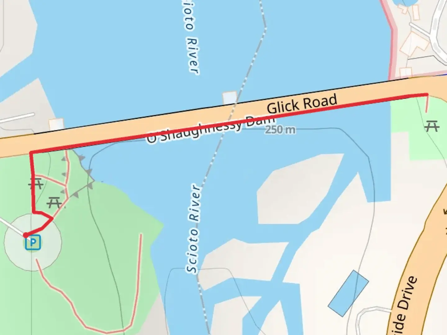 An image depicting the trail Glick Park and Scioto River and its surrounding area.