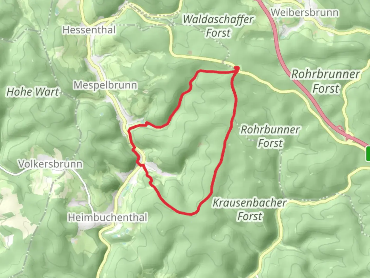 An image depicting the trail Zeugplatte via Ortswanderweg Mespelbrunn 3 and Hassenstav Weg and its surrounding area.