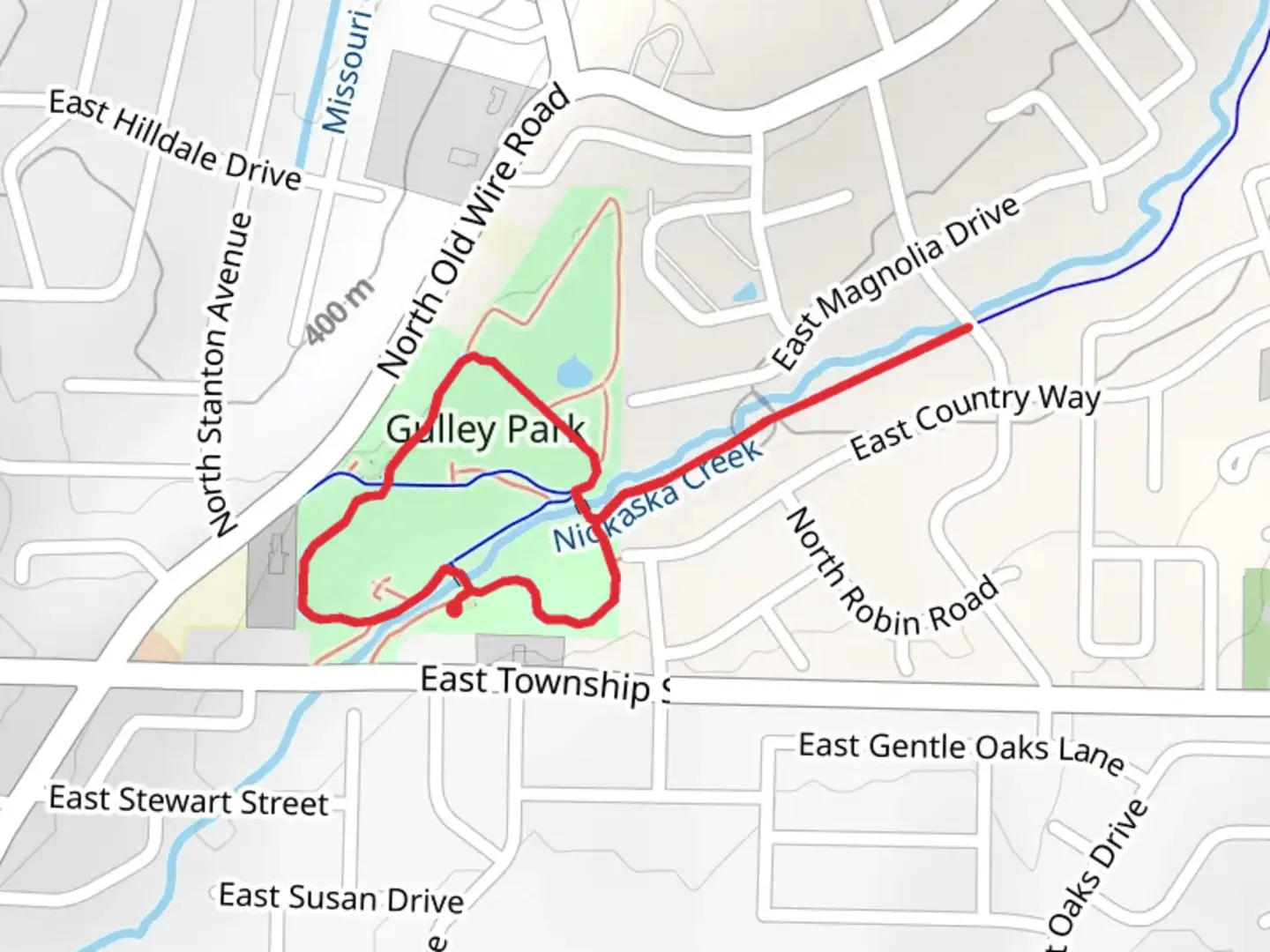 An image depicting the trail Niokaska Creek and Gulley Park Loop Trail and its surrounding area.