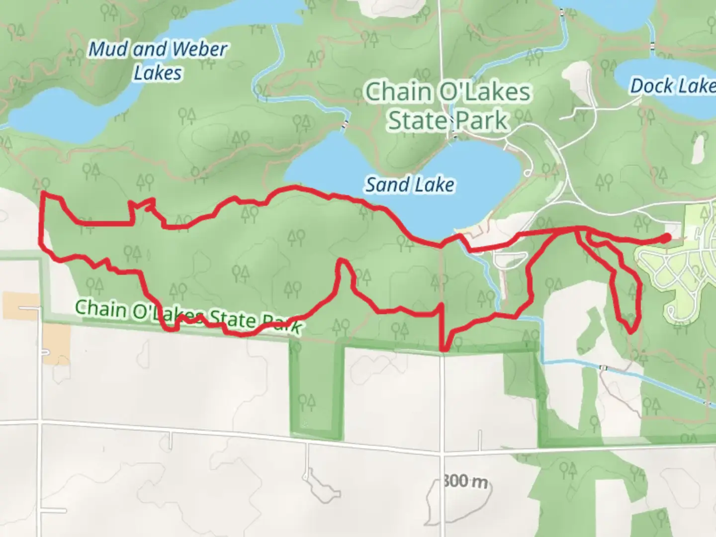 An image depicting the trail Sand Lake South Shore Loop and its surrounding area.