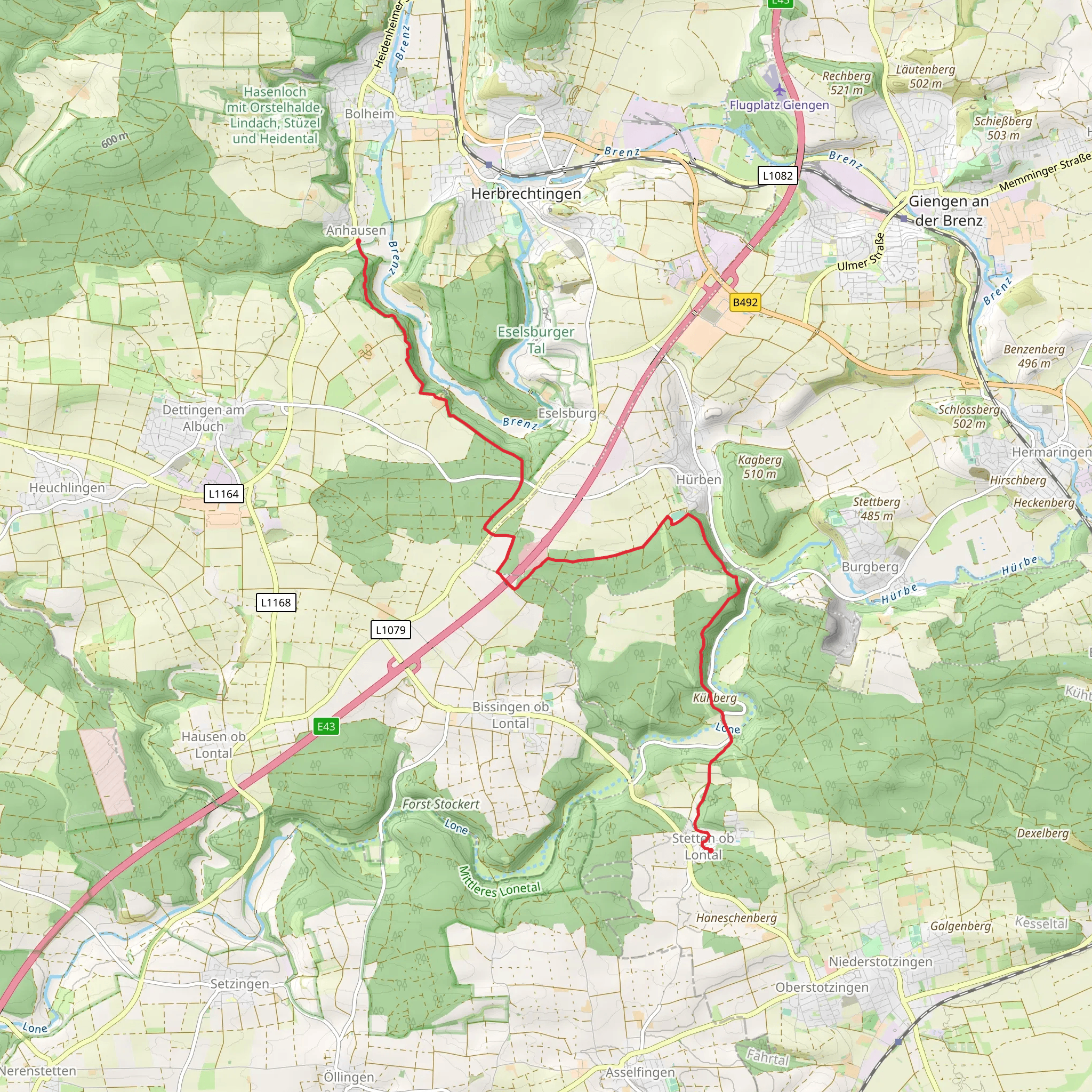 Stetten ob Lontal to Anhausen via Albschaeferweg mobile static map