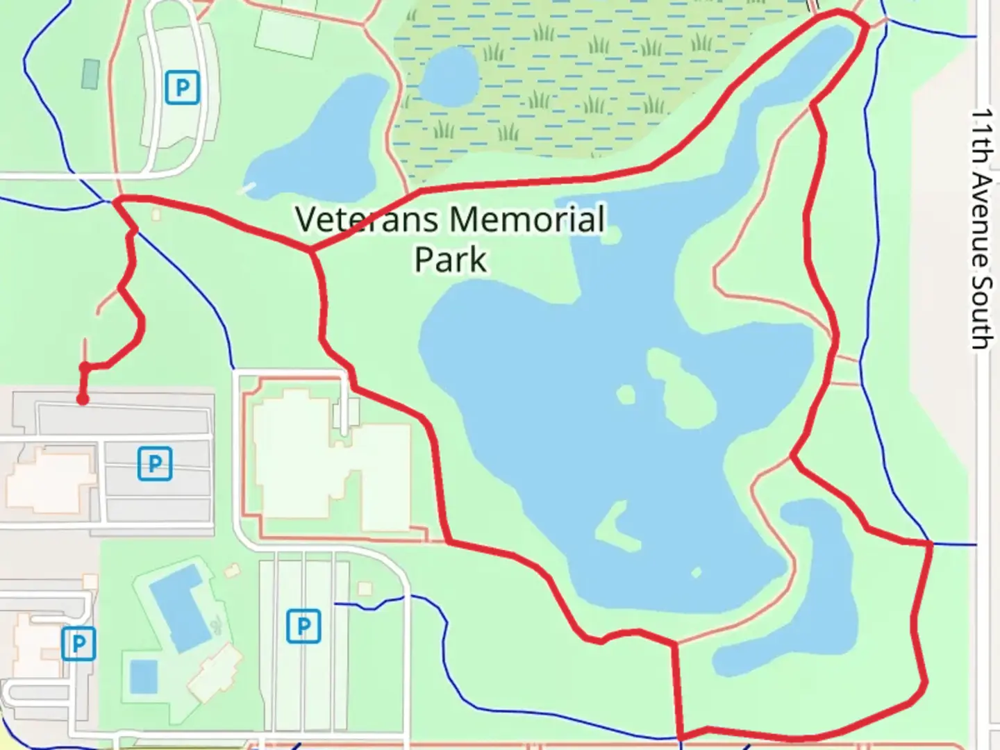 An image depicting the trail Legion Lake Loop in Veterans Memorial Park and its surrounding area.