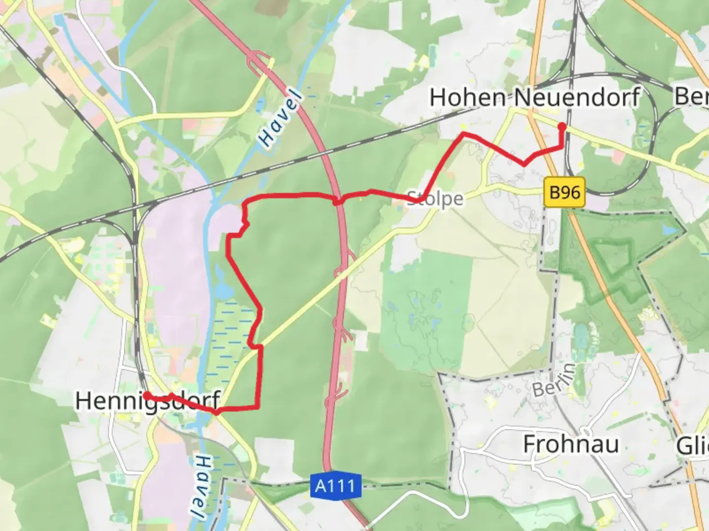 An image depicting the trail Hohen Neuendorf to Hennigsdorf Walk and its surrounding area.