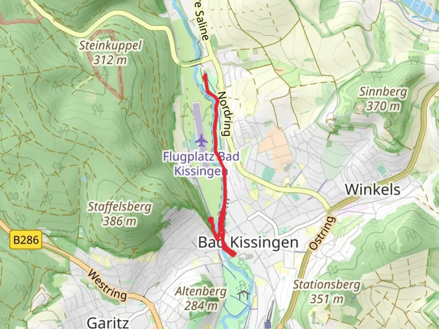 An image depicting the trail Gradierwerk and Rosengarten via Satinenpromenade and Balthasar-Neumann-Promenade and its surrounding area.