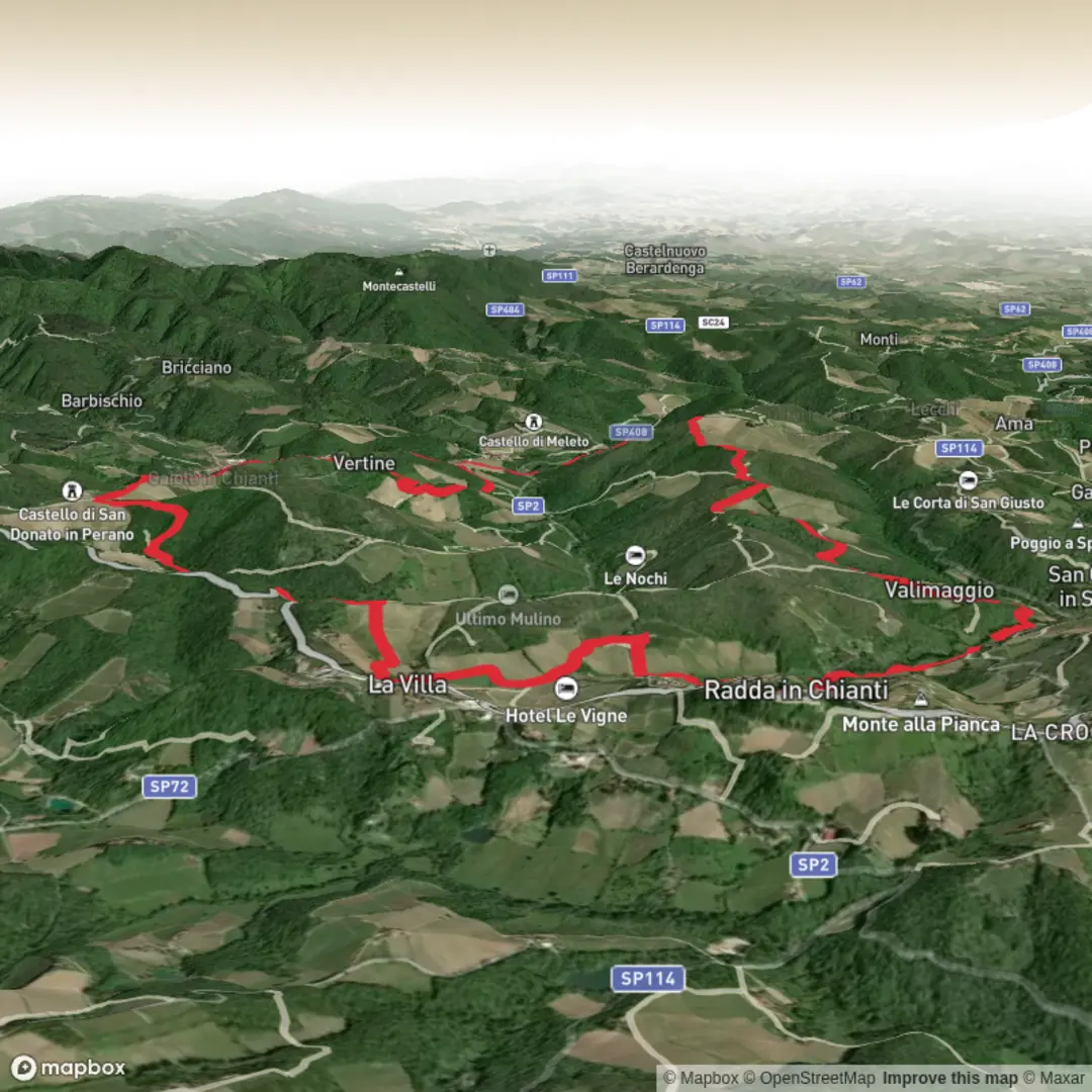 An image depicting the trail UTMB Radda in Chianti 21k and its surrounding area.