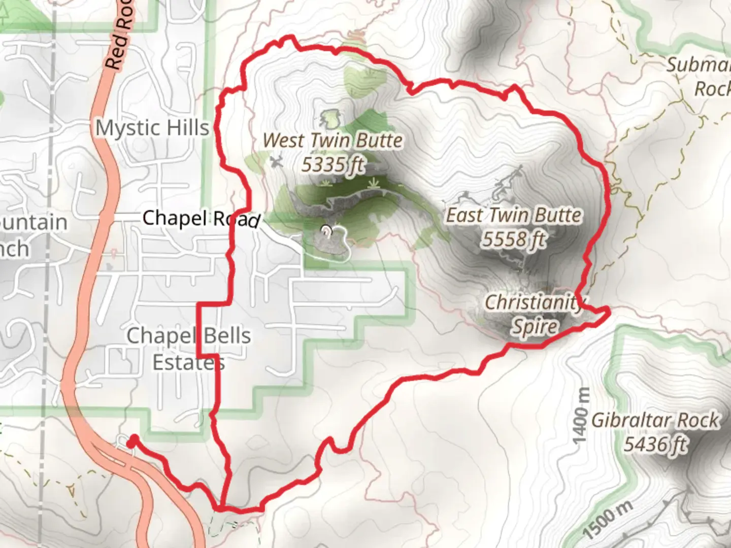 An image depicting the trail Bell Rock Pathway and Hog Heaven Trail Loop and its surrounding area.