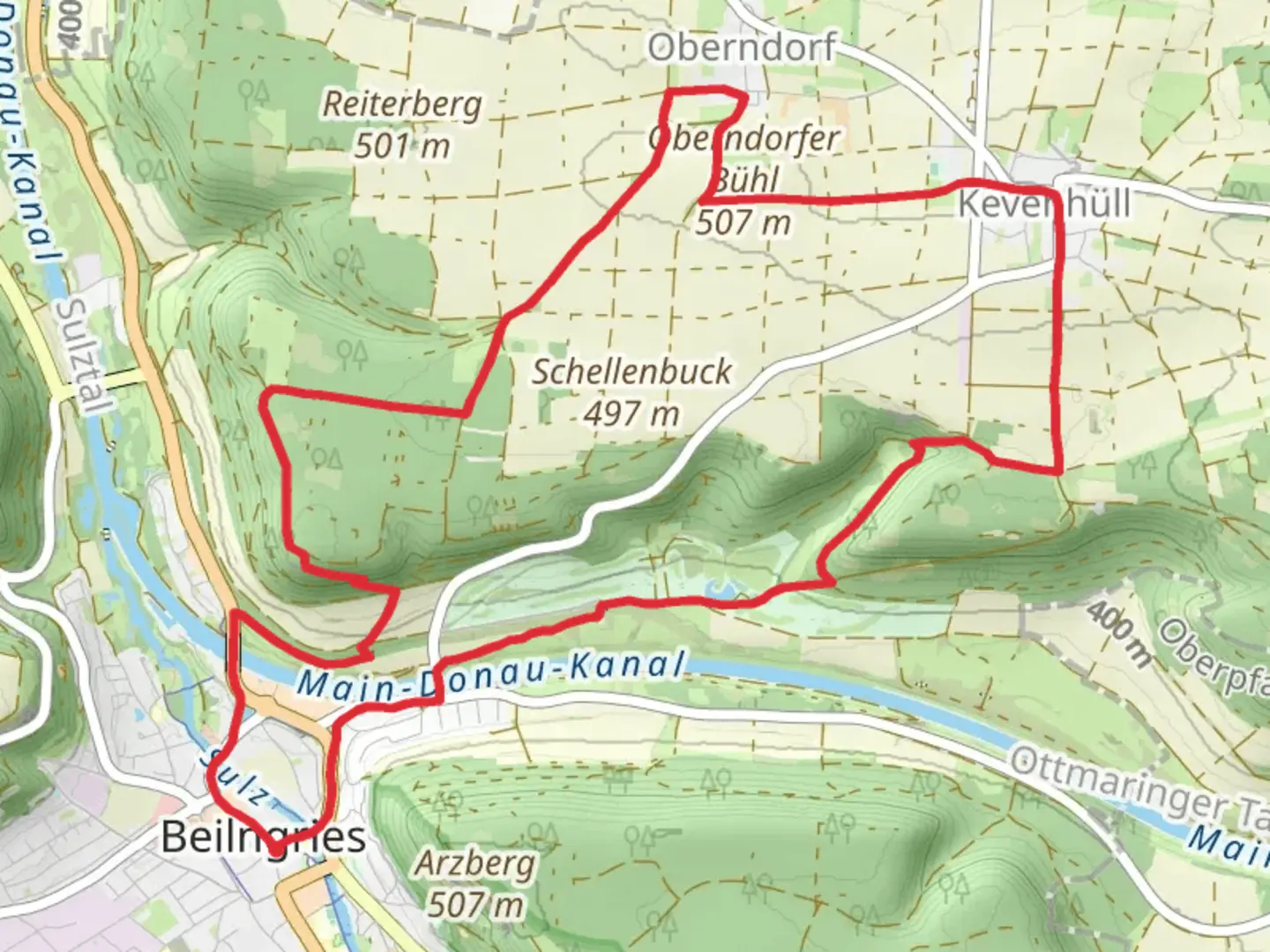 An image depicting the trail Oberndorfer Berg Wanderweg and Altmuehltal Runde and its surrounding area.