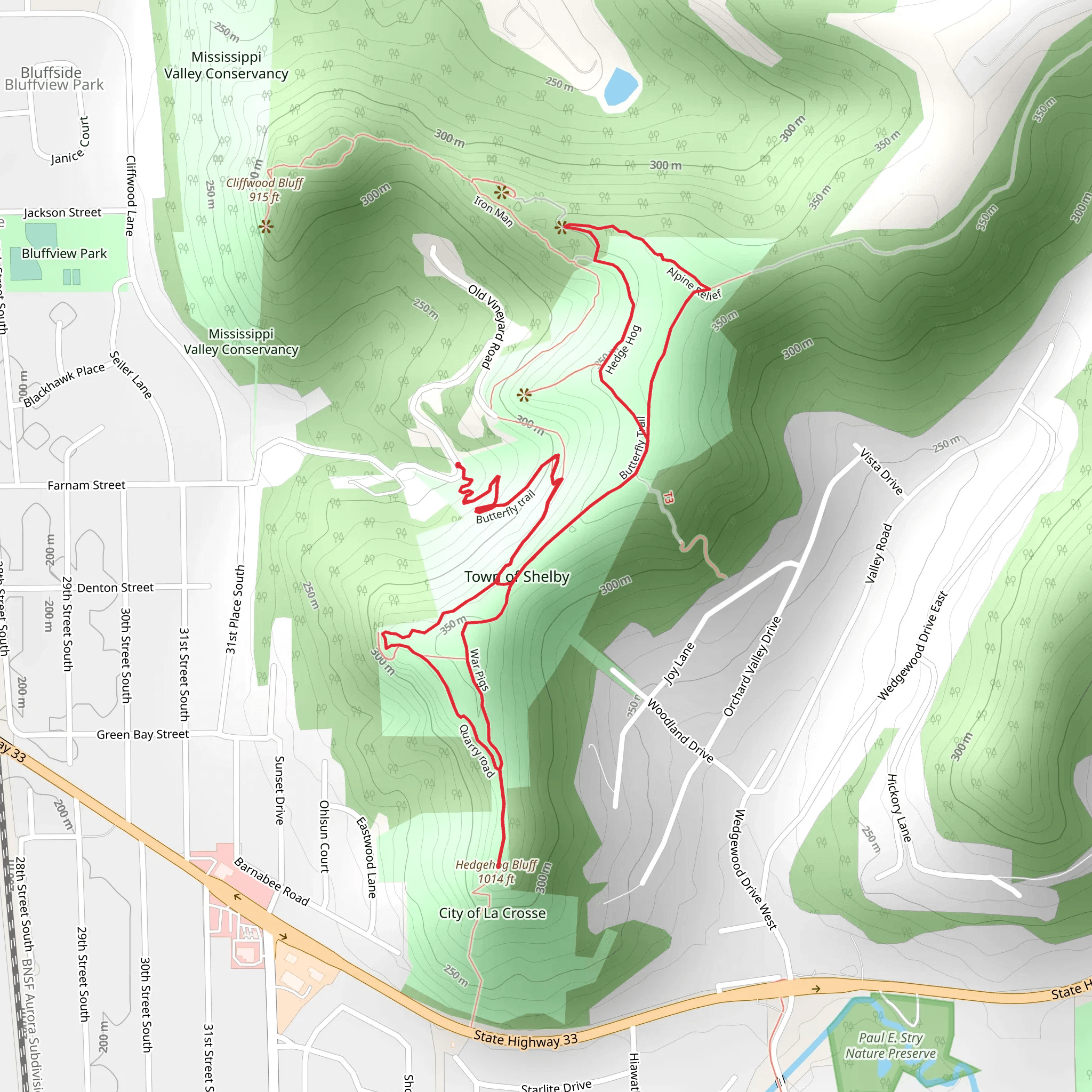 Butterfly, Miller Bluff and Hedge Hog Loop Trail mobile static map