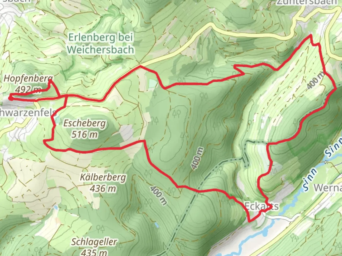 An image depicting the trail Schwarzenfels and Eckarts Loop via Hopfenberg and its surrounding area.