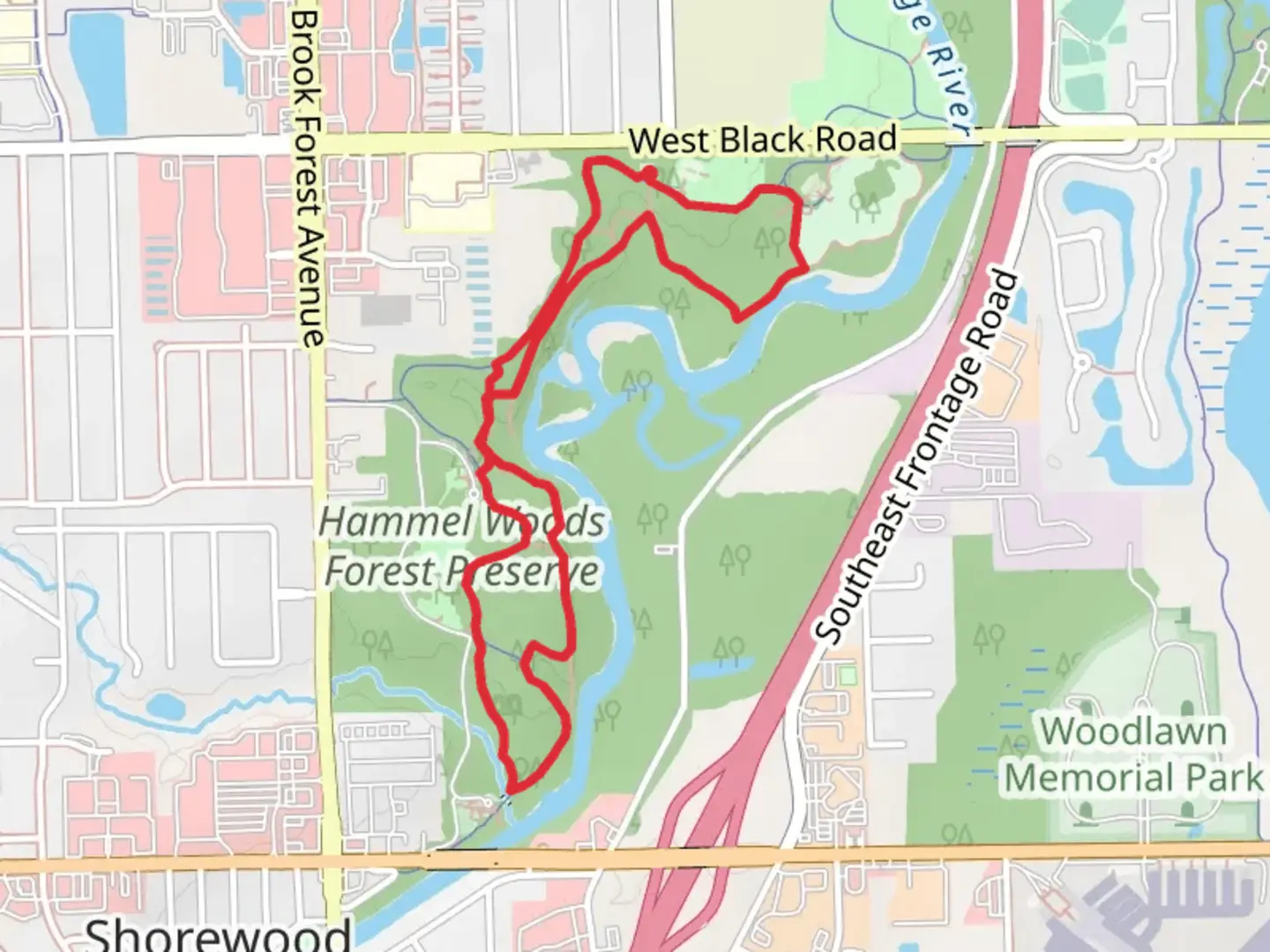 An image depicting the trail DuPage River Trail Park Loop and its surrounding area.