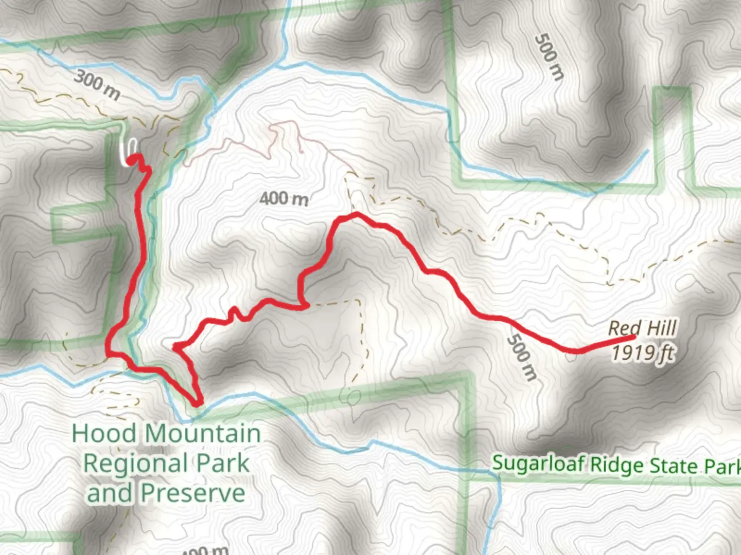 An image depicting the trail Red Hill via Headwaters Trail and Grandmother Oak Trail and its surrounding area.
