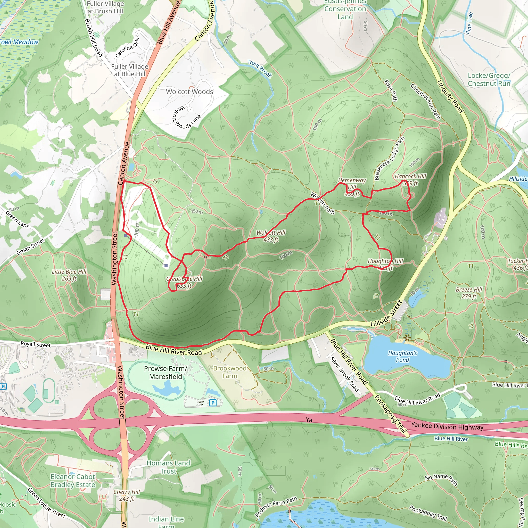 Great Blue Hill, Wolcott Hill, Hemenway Hill and Hancock Hill Loop mobile static map