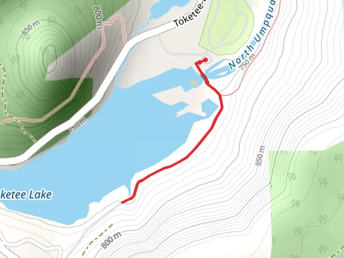 An image depicting the trail Toketee Lake via Clearwater Plant Road and its surrounding area.