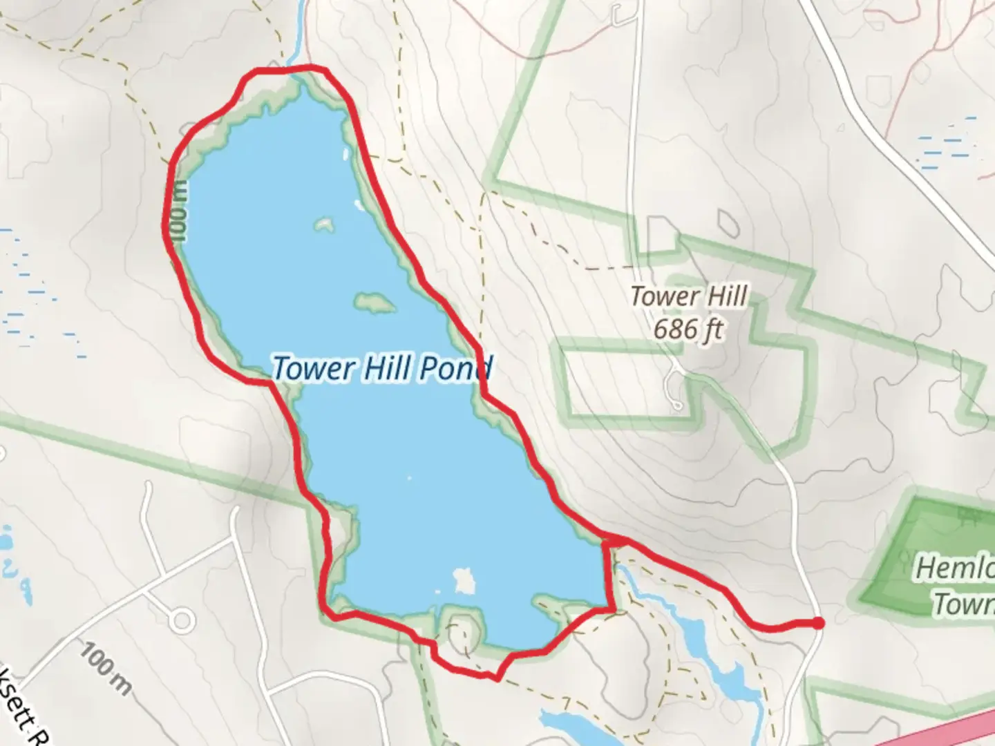 An image depicting the trail Tower Hill Pond Dam Loop and its surrounding area.