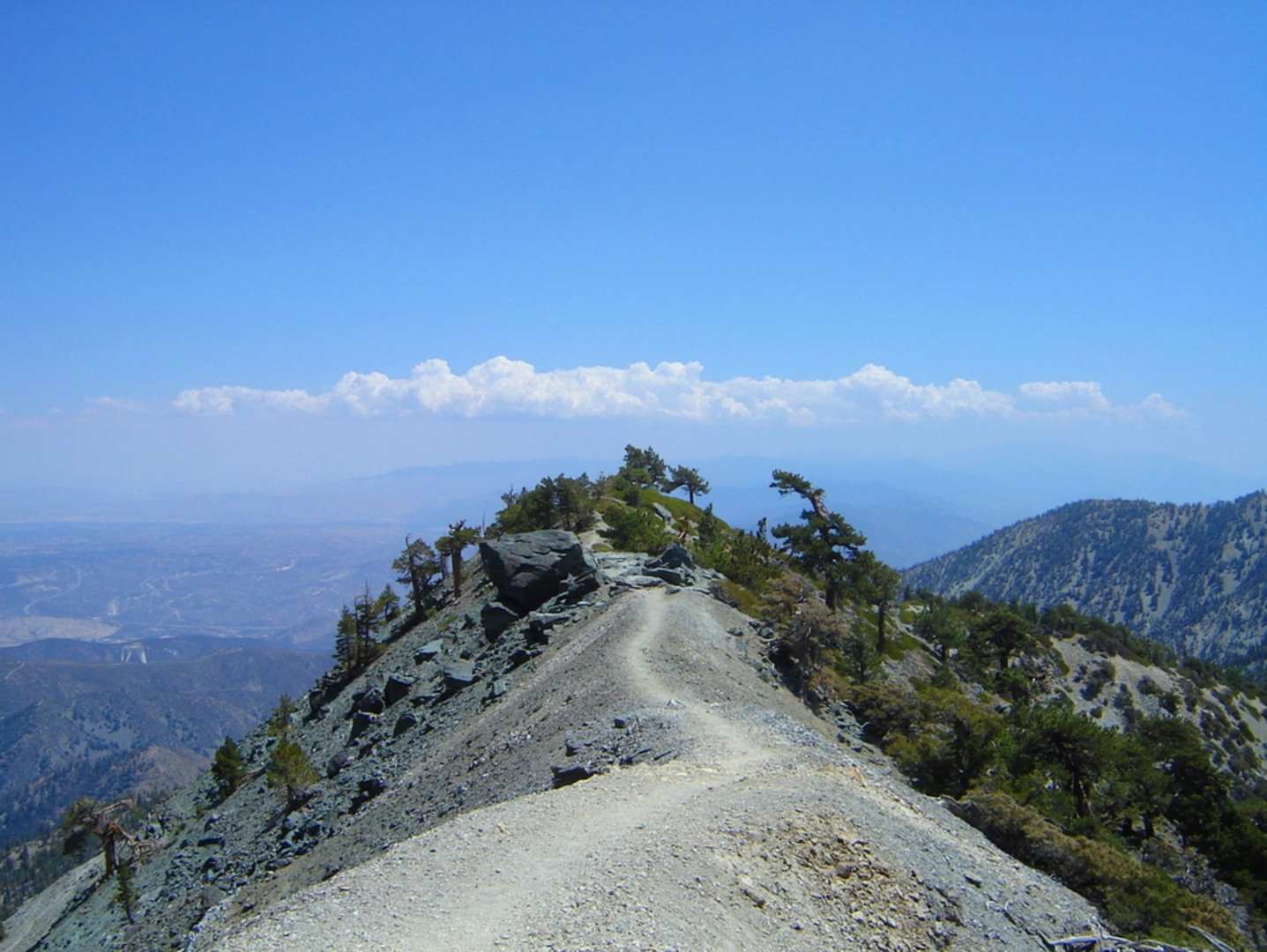 An image depicting the trail Mount San Antonio via Baldy Bowl Trail and its surrounding area.