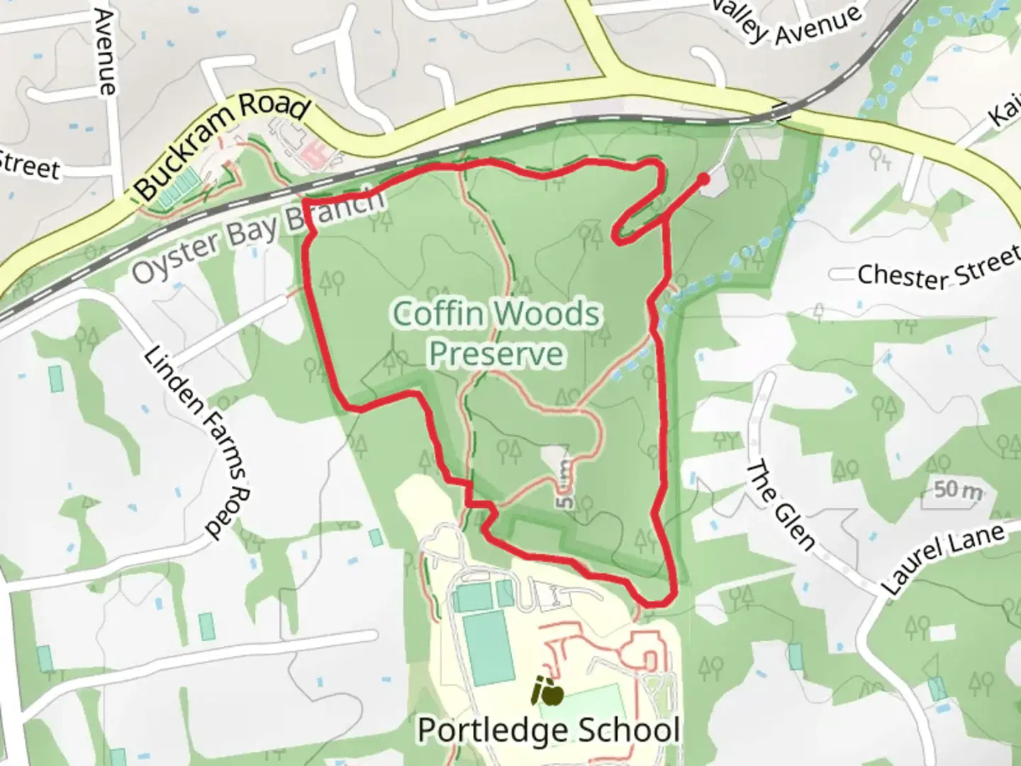 An image depicting the trail Matinecock Loop and its surrounding area.