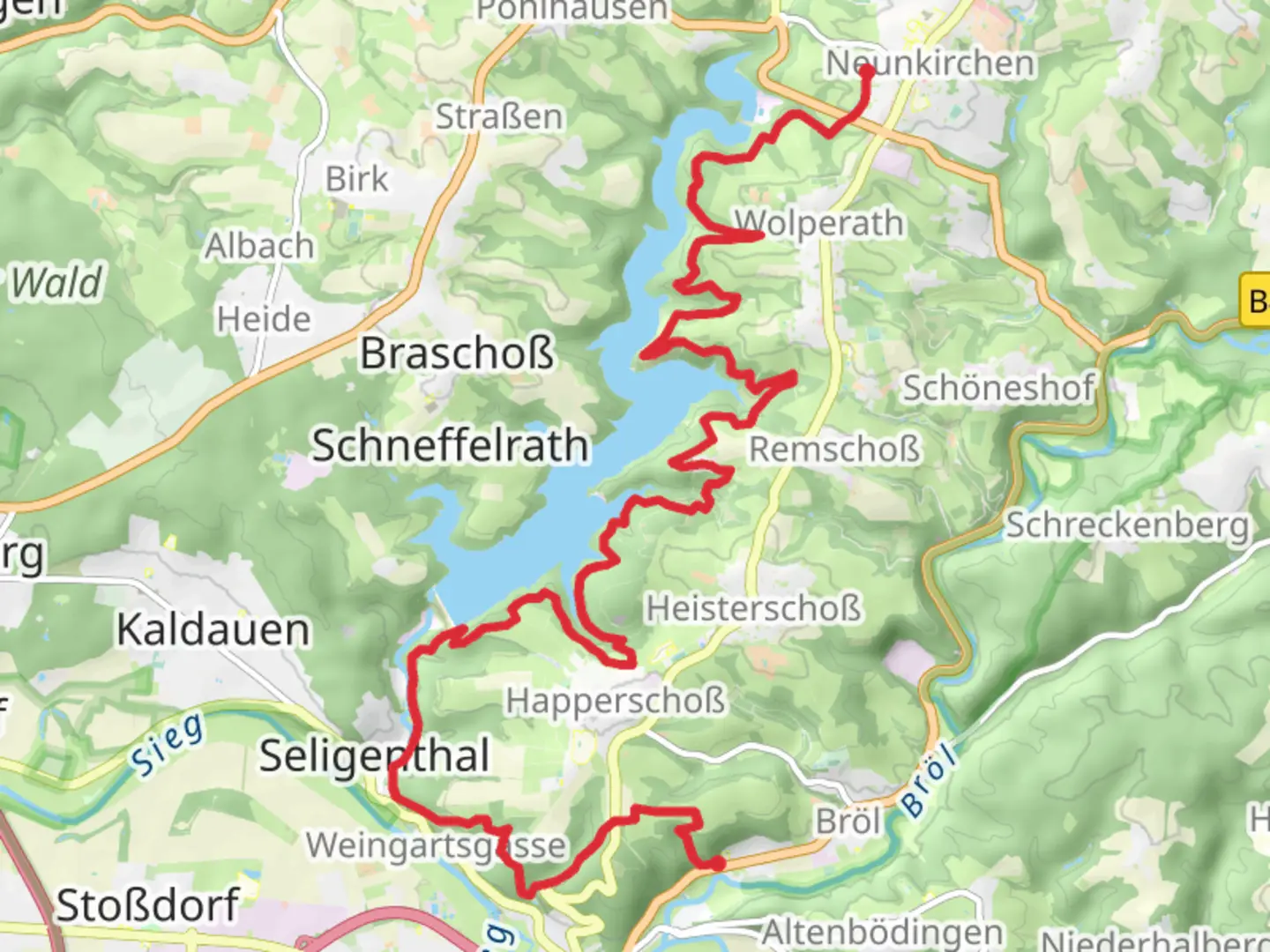 An image depicting the trail Neunkirchenseelscheid to Broldamm Walk via Wahnbachtalsoerre and its surrounding area.