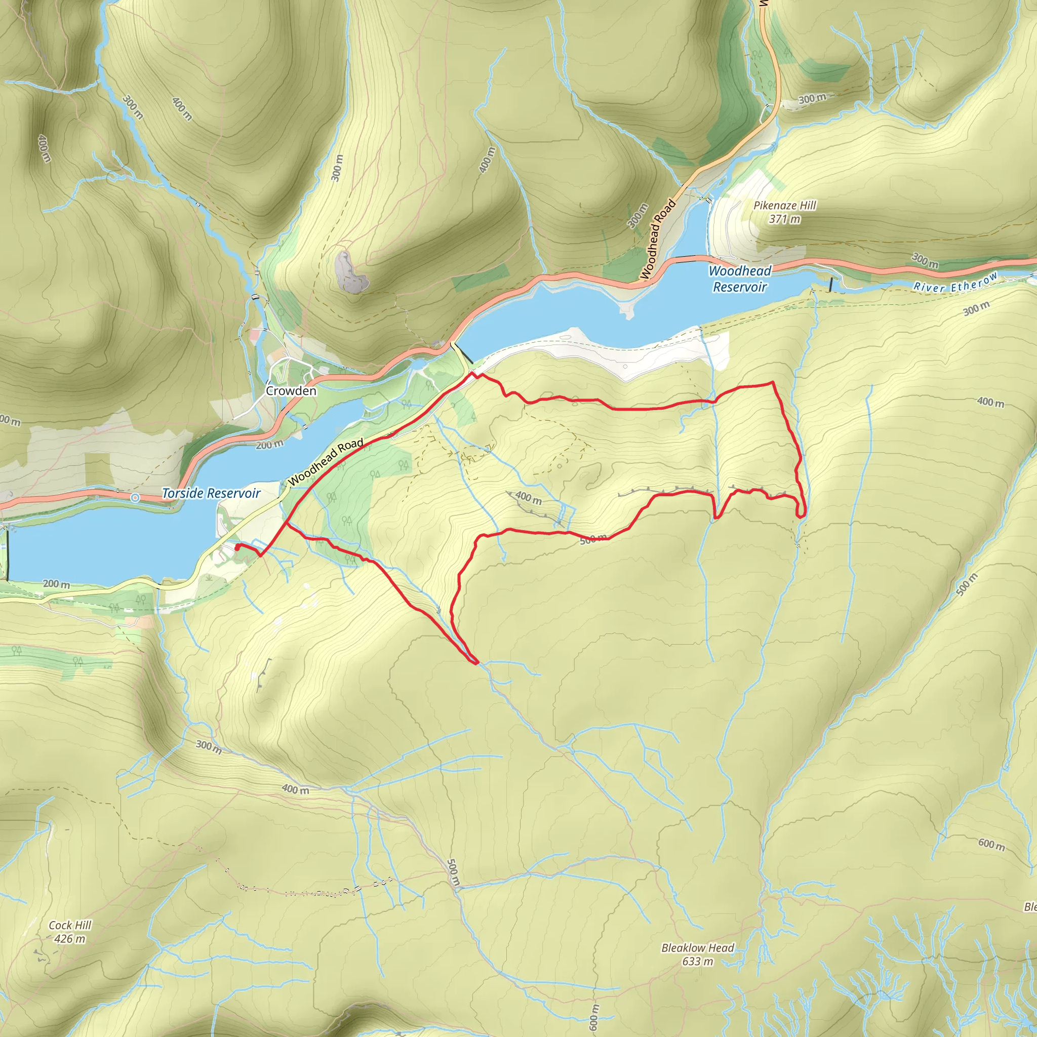 Wildboar Clough to Lawrence Edge from Torside Reservoir mobile static map
