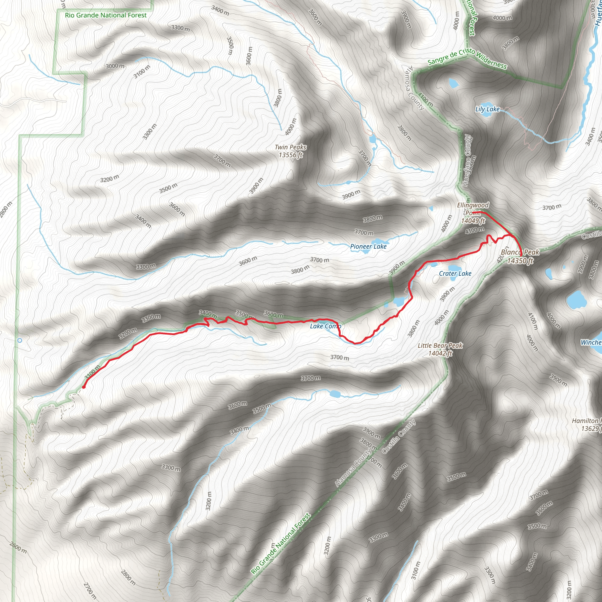 Blanca Peak and Ellingwood Point Peak and via Lake Como mobile static map