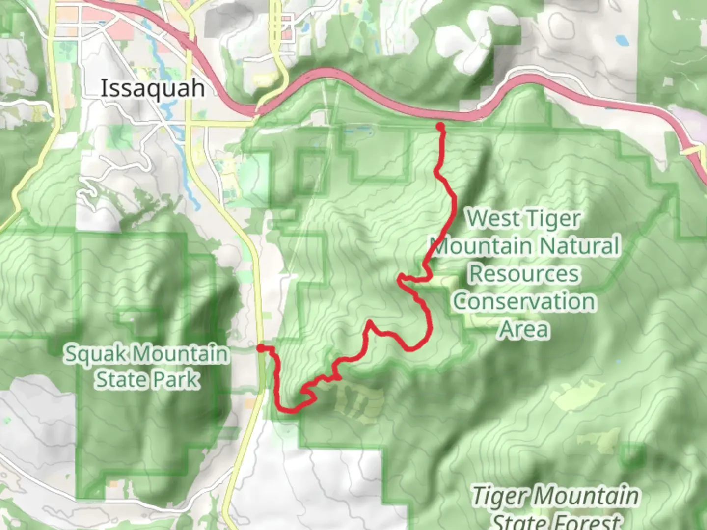 An image depicting the trail Chirico, Poo-Poo Point, West Tiger 3 and Cable Line Trail and its surrounding area.