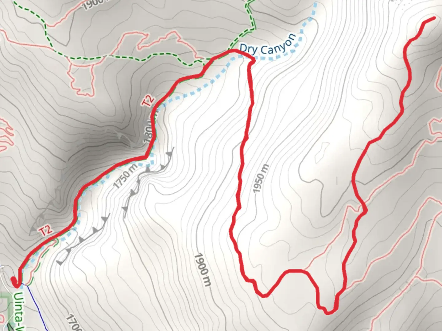 An image depicting the trail Dry Canyon Trail and Lament Trail and its surrounding area.