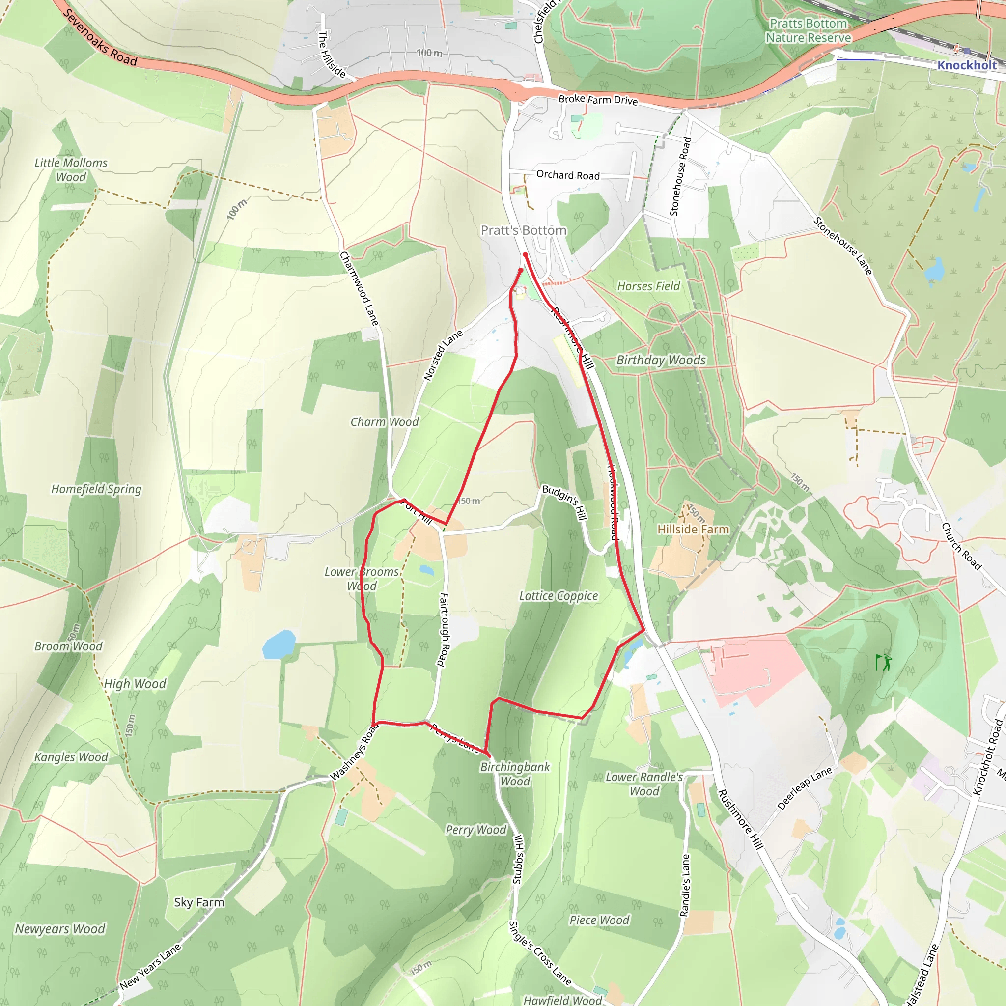 Kent: Short SW loop nr Pratts Bottom mobile static map