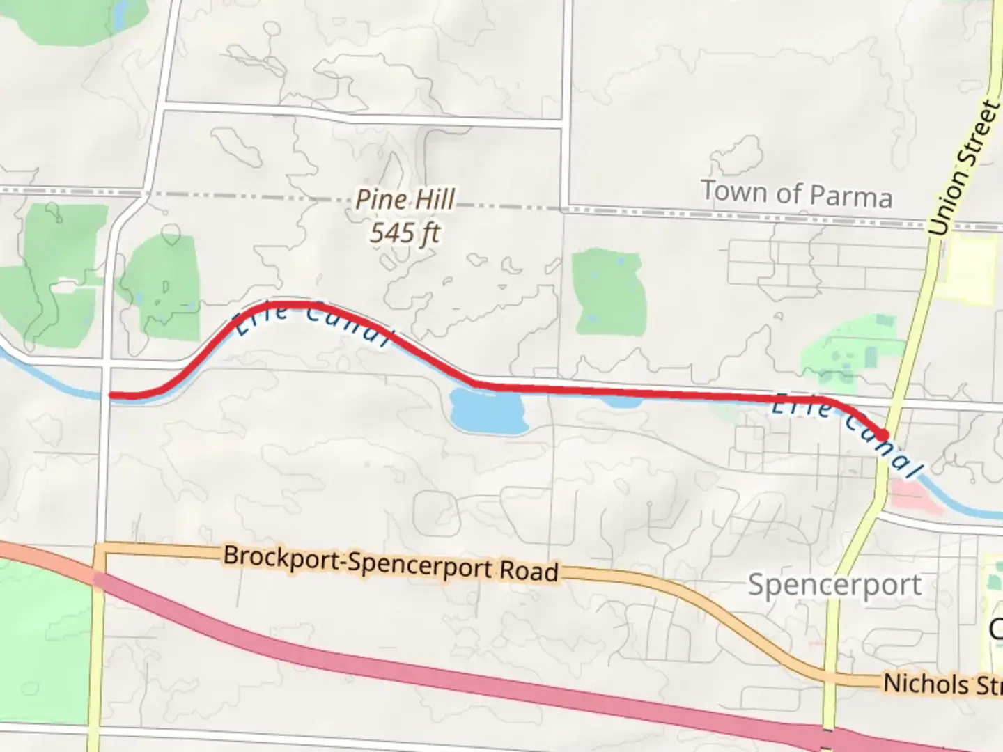 An image depicting the trail Erie Canal from North Union Street and its surrounding area.