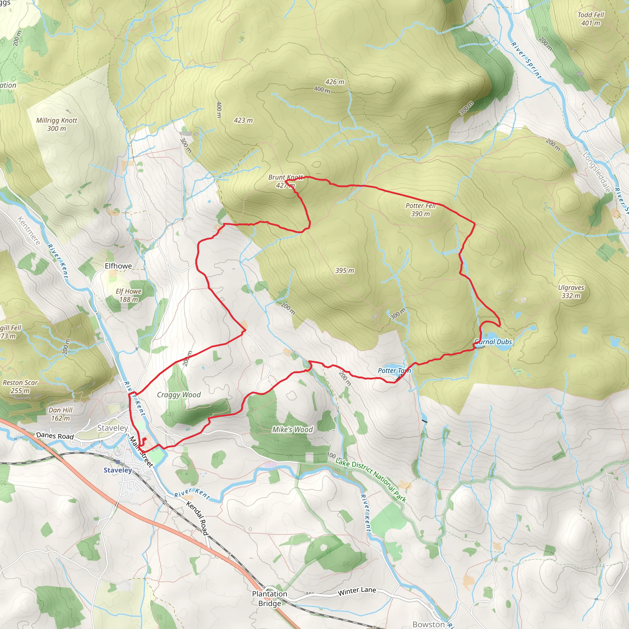 Craggy Woods, Potter Fell and Gurnal Dubs Loop - Staveley mobile static map