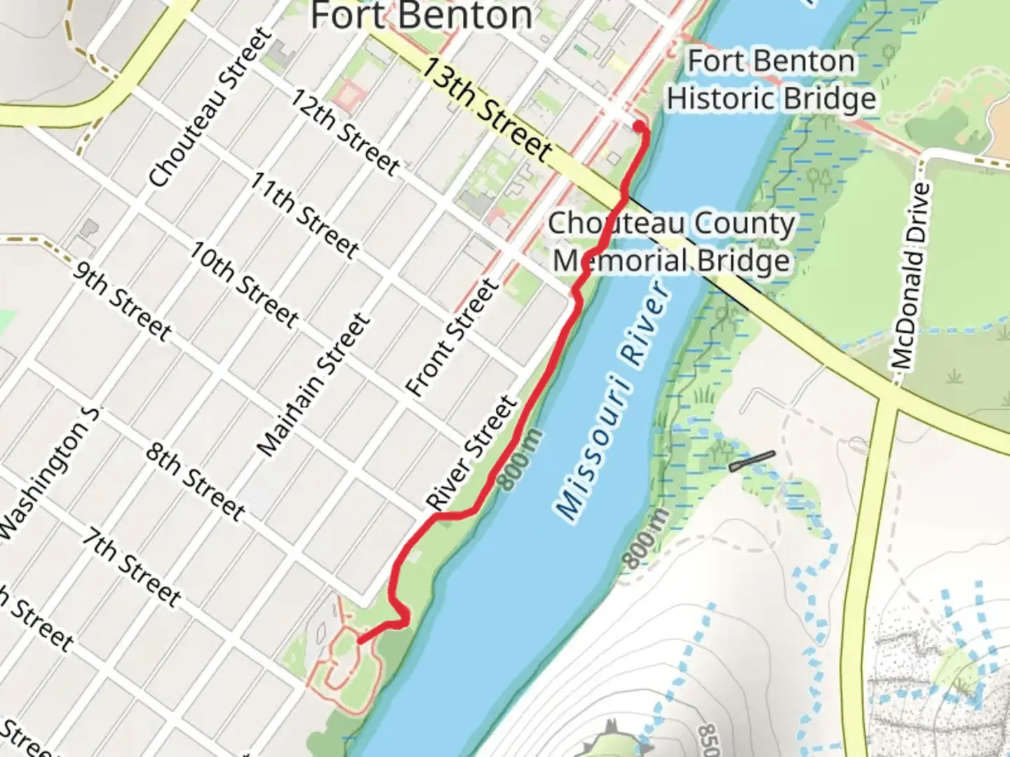 An image depicting the trail Missouri River Shore Walk from 14th Street and its surrounding area.
