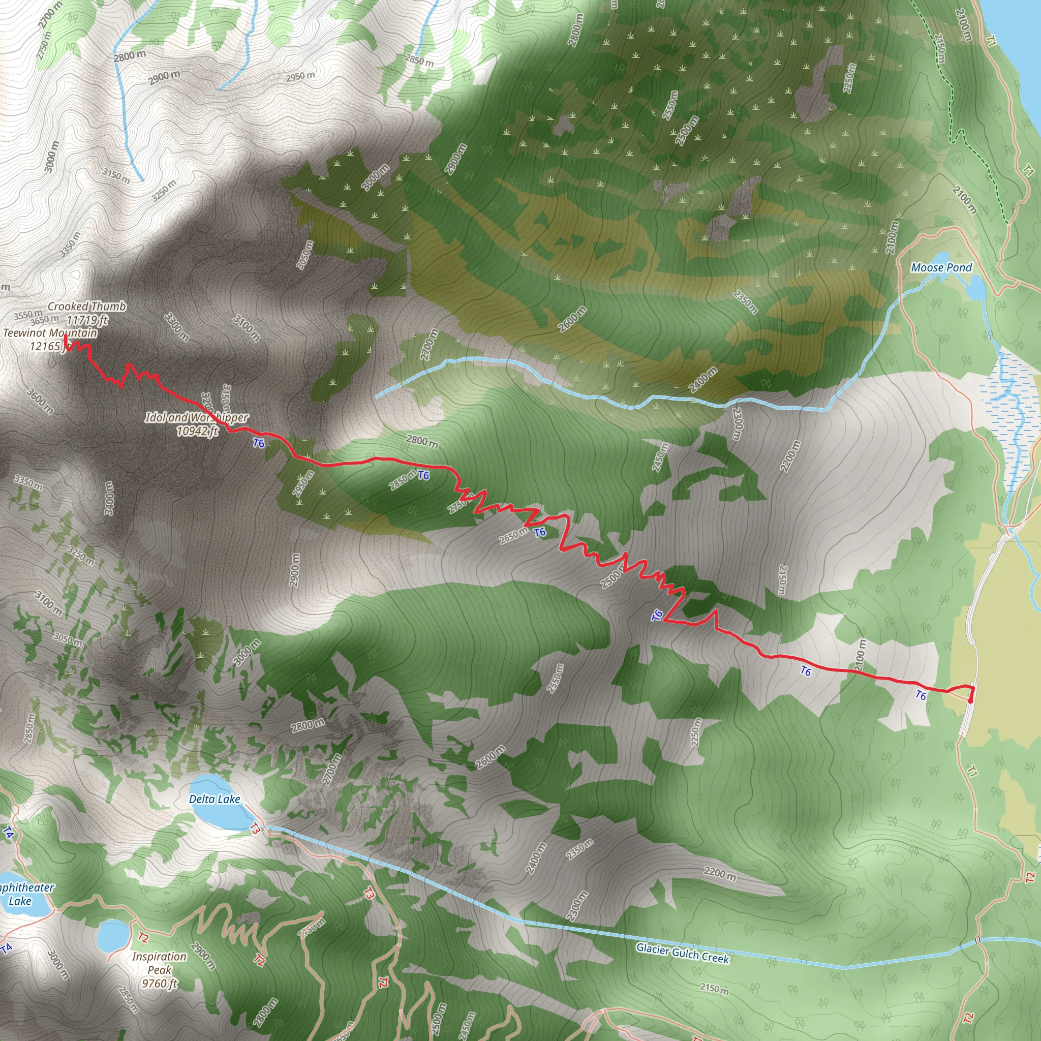 Idol and Worshipper, Crooked Thumb and Teewinot Mountain via Apex Trail mobile static map