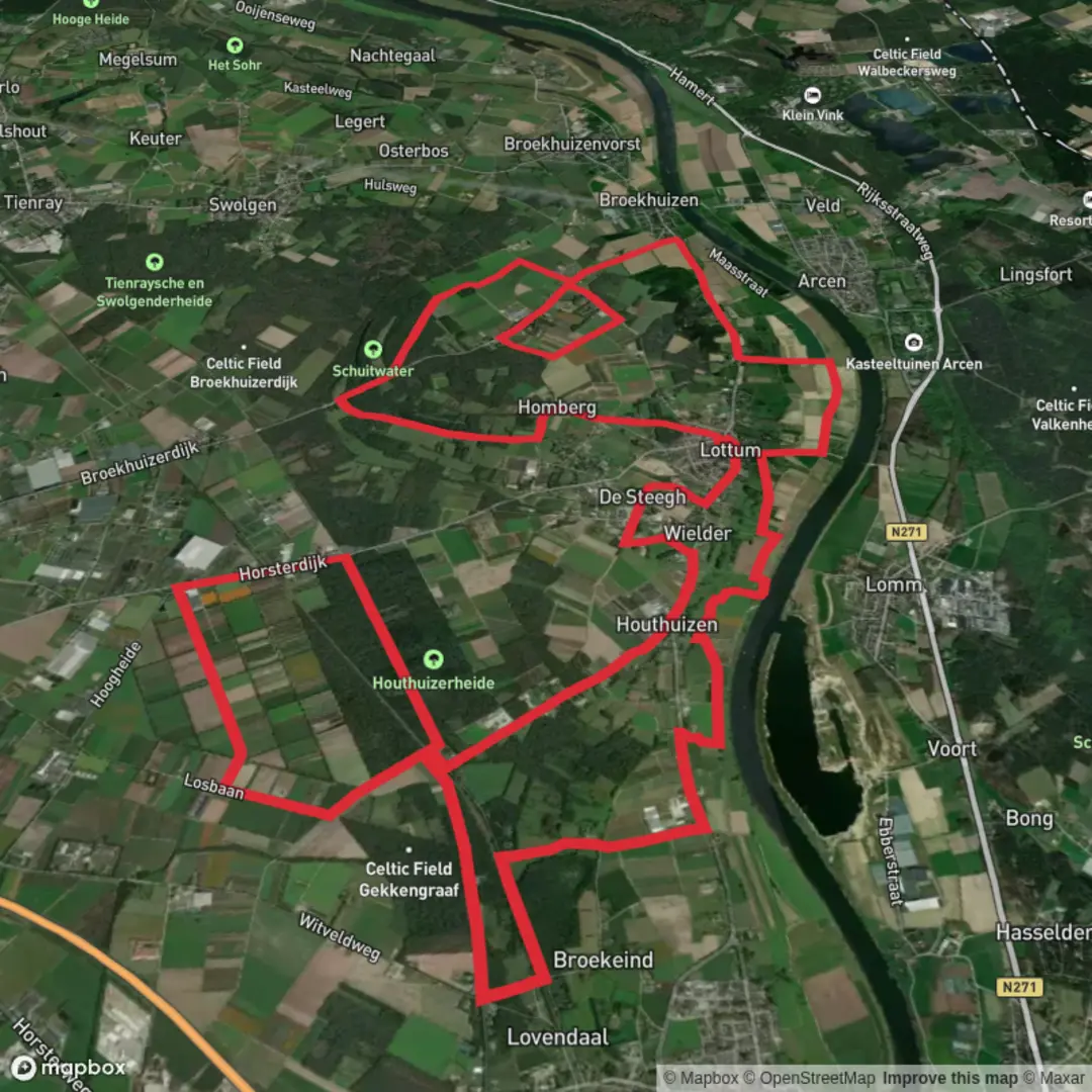 An image depicting the trail Vonkelsebosweg and Houthuizerheide Loop and its surrounding area.