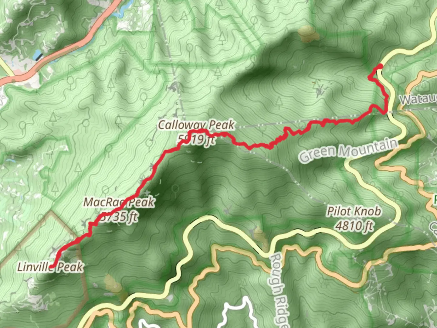 An image depicting the trail Calloway Peak and Linville Peak via Grandfather Trail and its surrounding area.