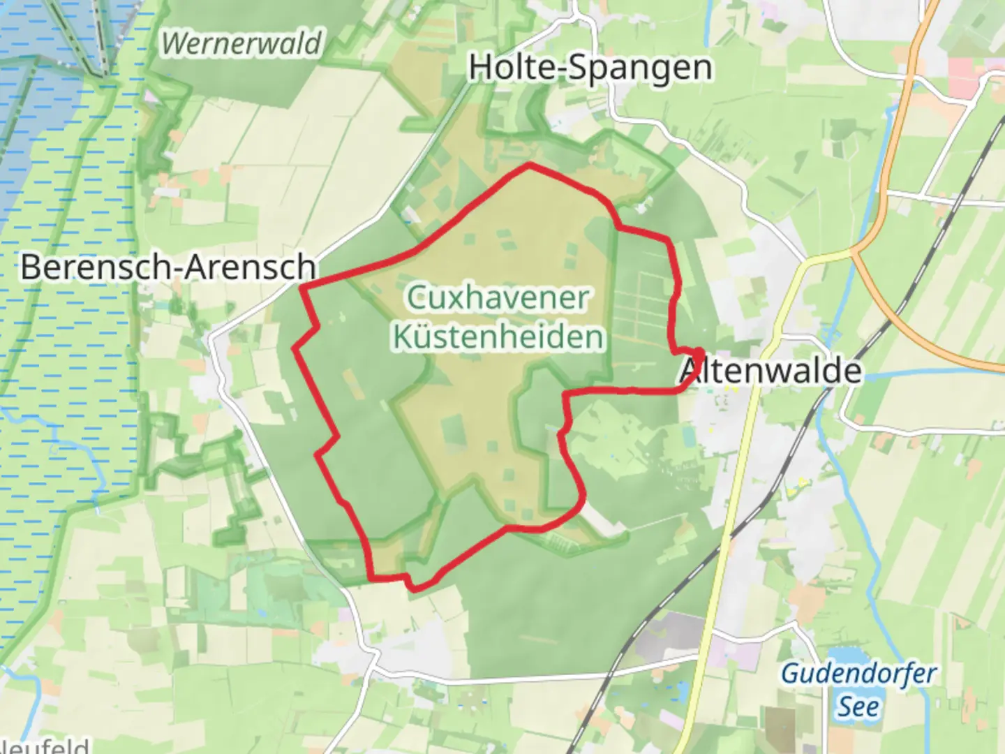 An image depicting the trail Kustenheide Loop and its surrounding area.
