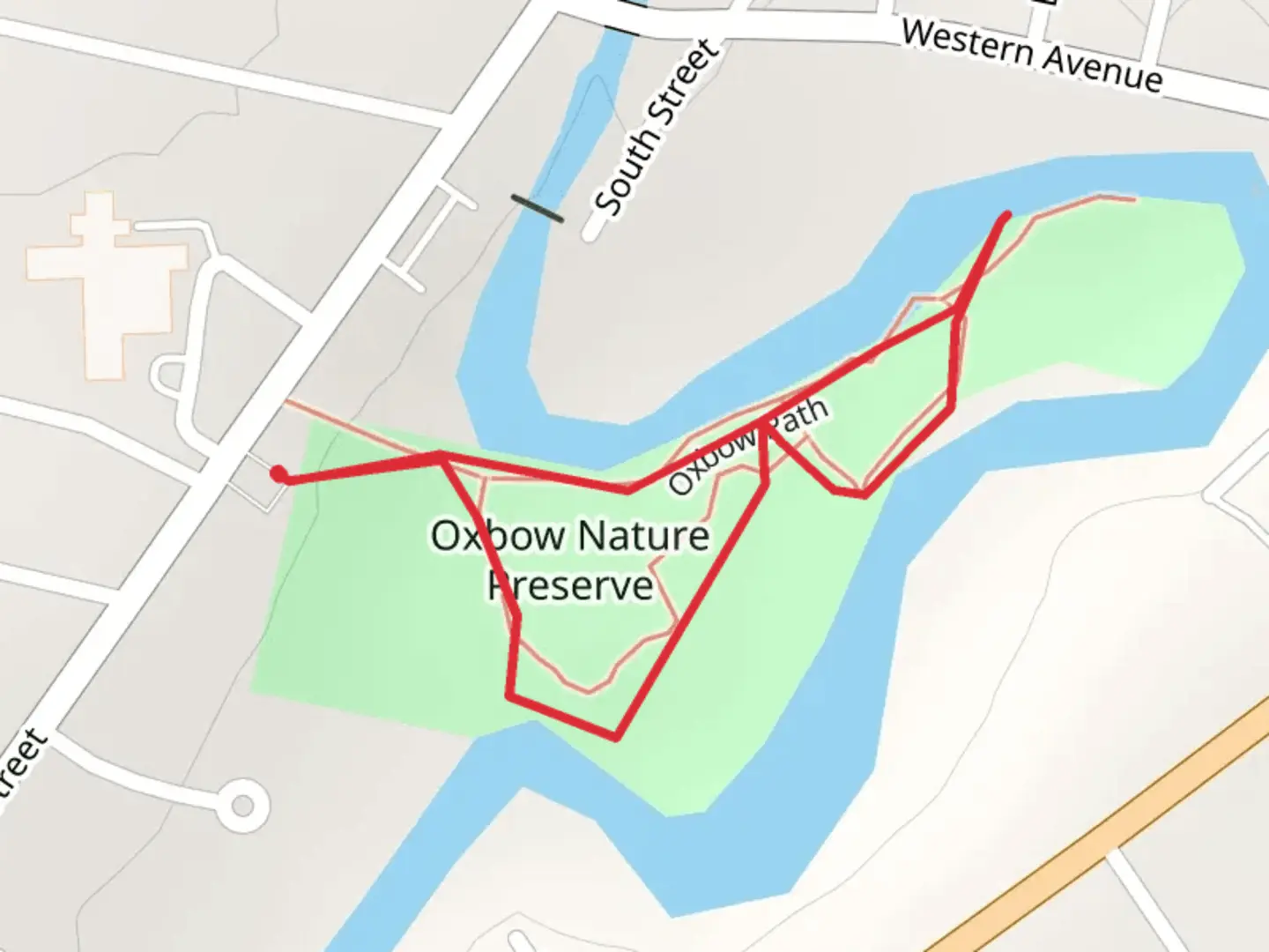 An image depicting the trail Oxbow Path Loop and its surrounding area.