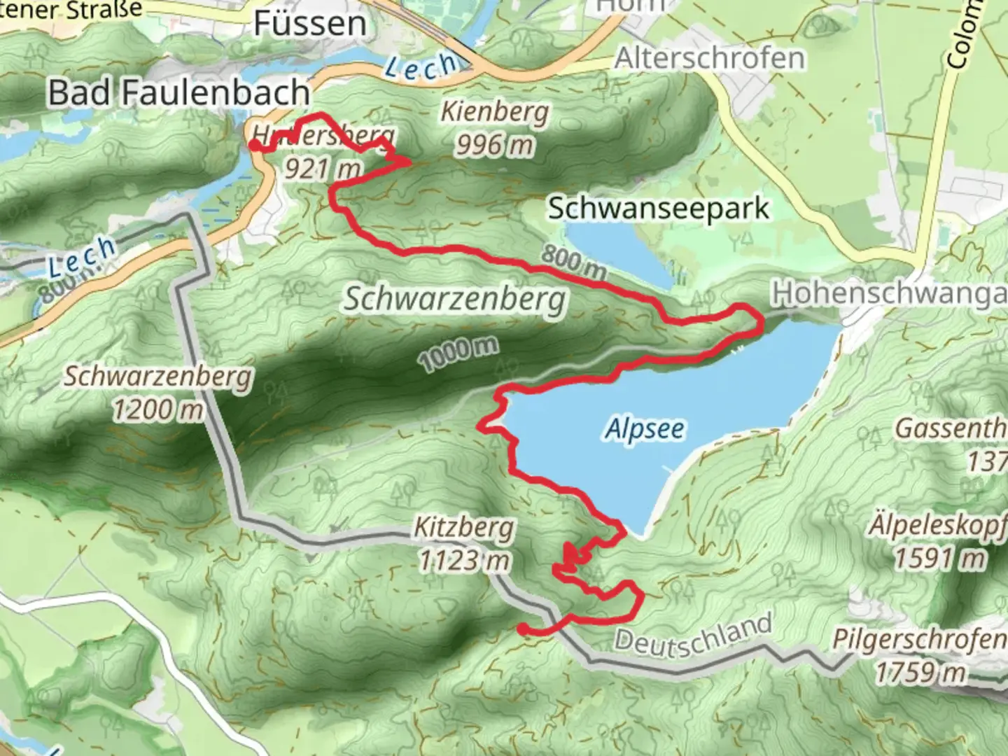 An image depicting the trail Schonblick to Kalvarienberg Walk via Alpsee and its surrounding area.