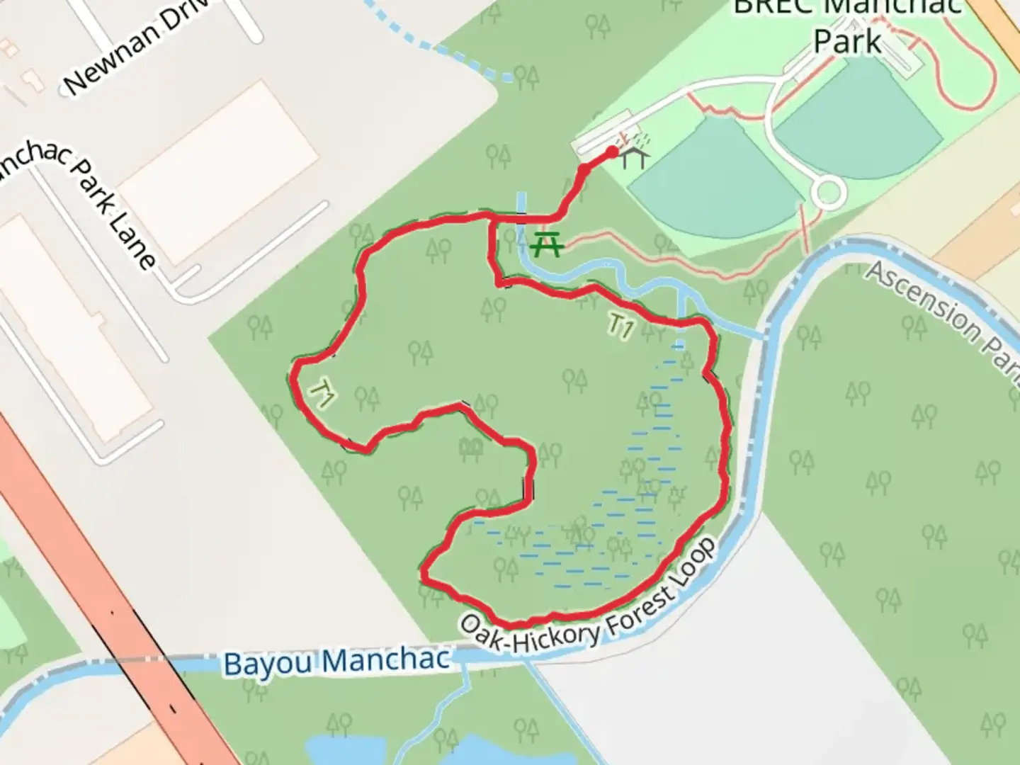 An image depicting the trail Oak-Hickory Forest Loop and its surrounding area.
