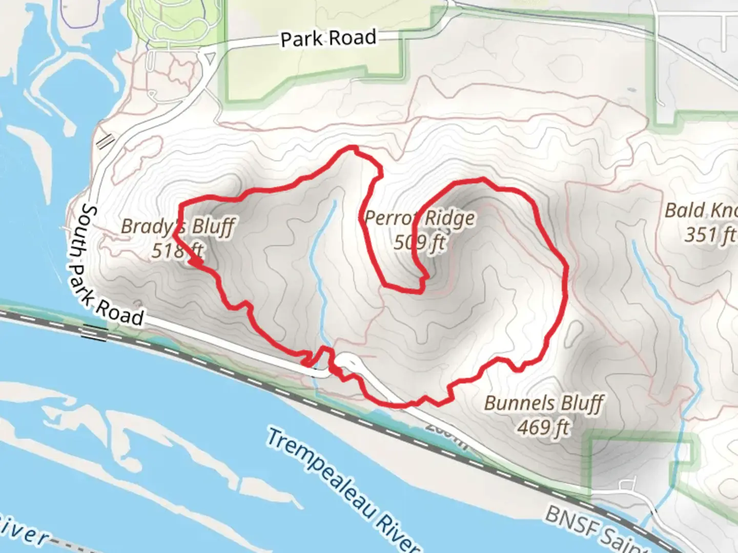 An image depicting the trail Reed Peak, Perrot Ridge and Brady's Bluff via Deer Me Run and Brady's Bluff Trail and its surrounding area.