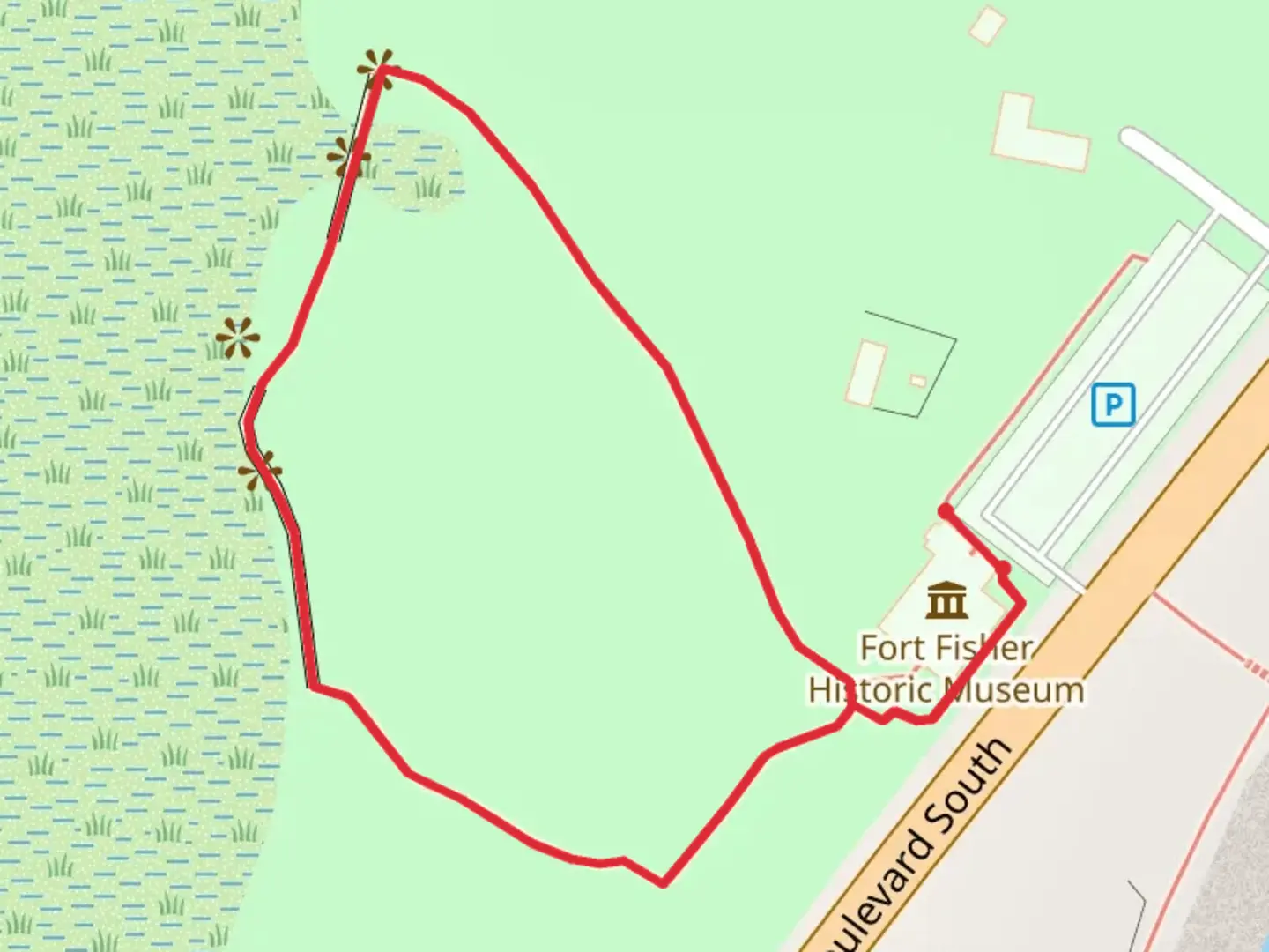 An image depicting the trail Fort Fisher Boulevard South Loop and its surrounding area.