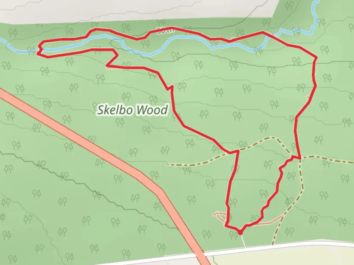 An image depicting the trail Skelbo Wood Loop Trail and its surrounding area.
