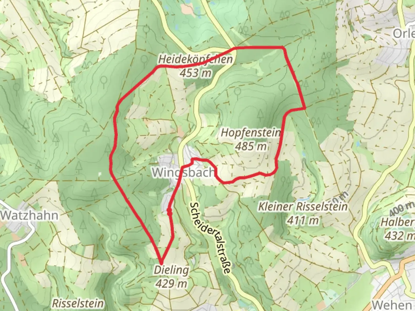 An image depicting the trail Heidekoepfchen via Wingsbacher Rundwanderweg and Limeswanderweg and its surrounding area.