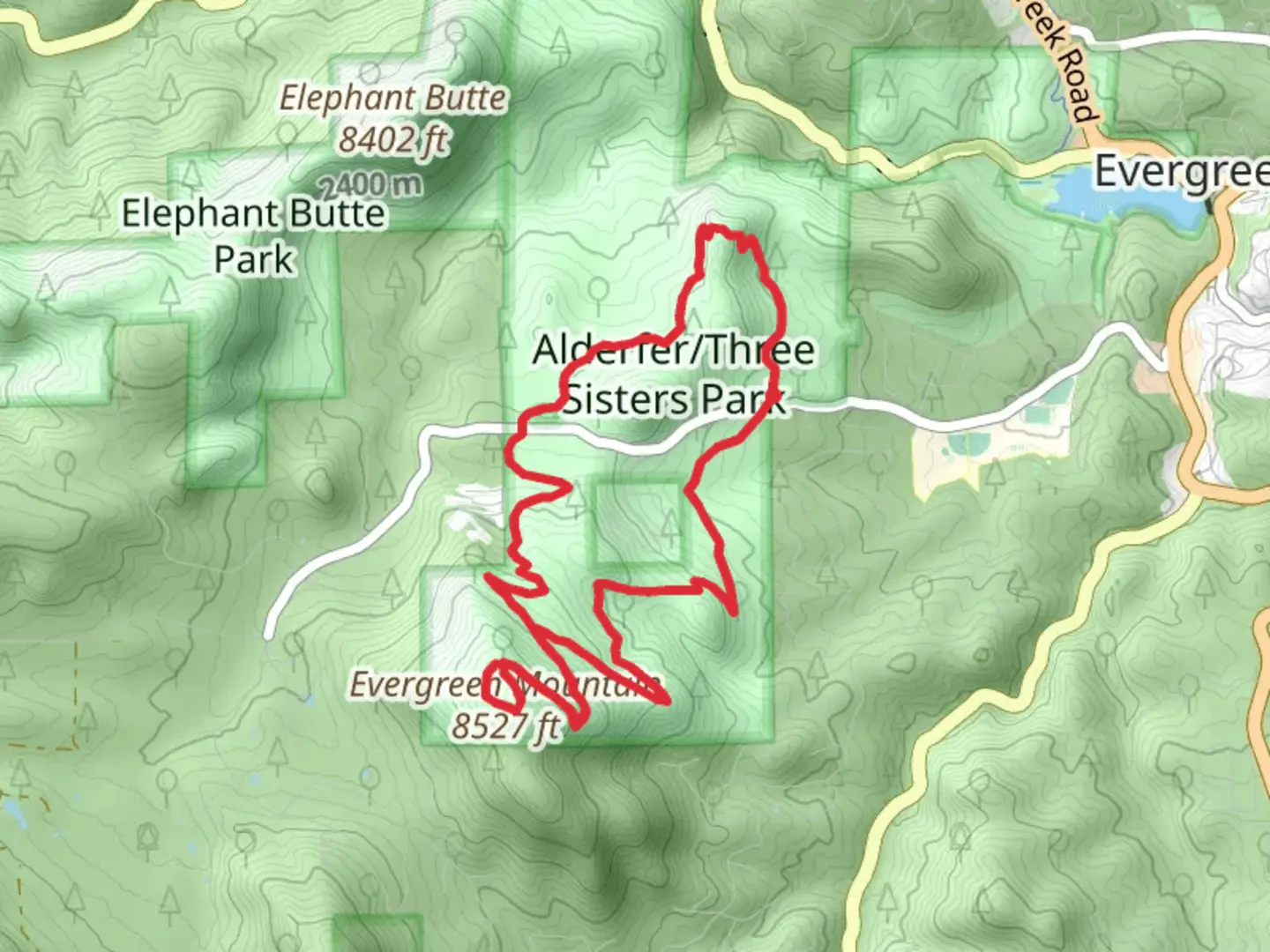 An image depicting the trail Evergreen Mountain and Sisters Trail Loop and its surrounding area.