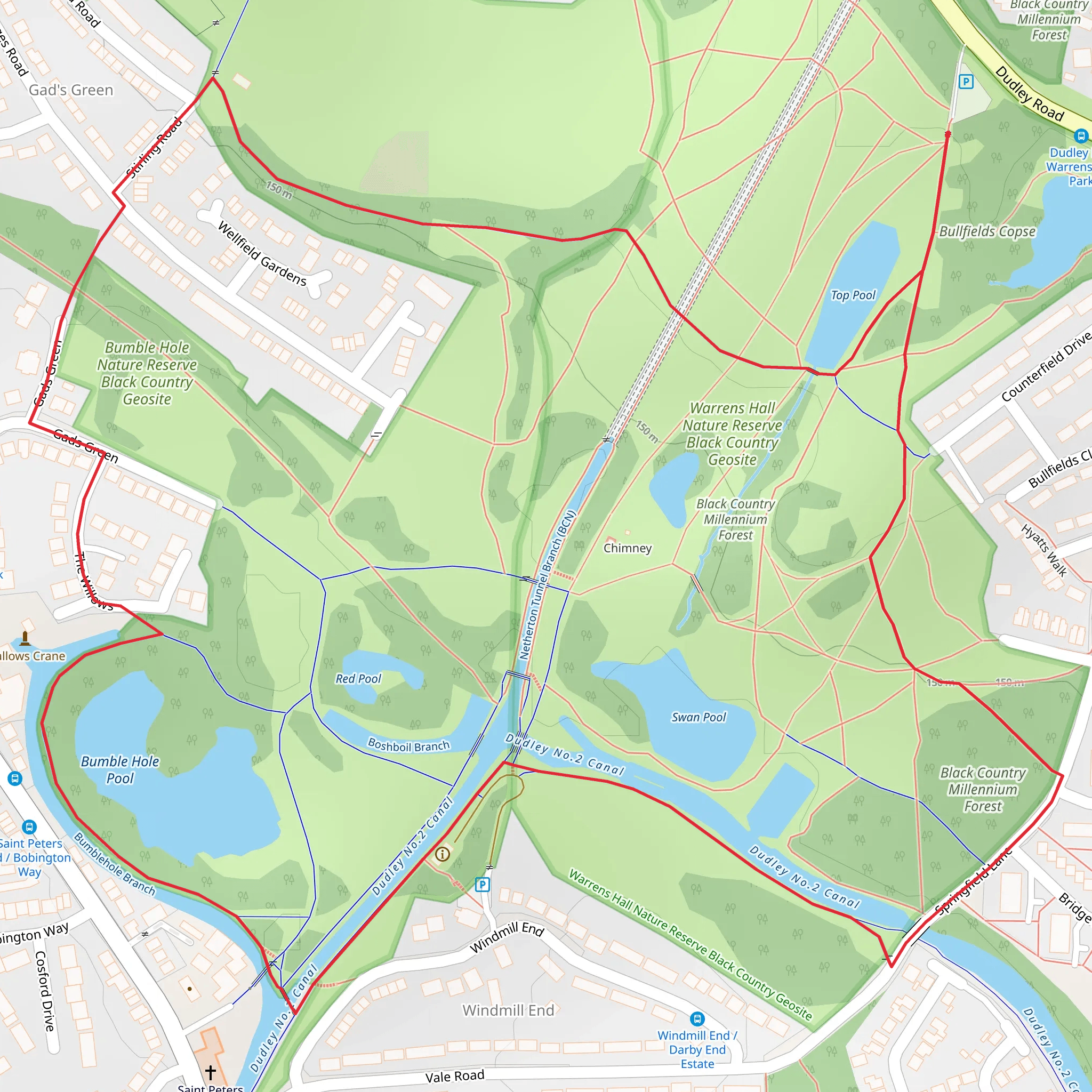 Warrens Hall Local Nature Reserve and Bumble Hole Brunch Canal Loop mobile static map
