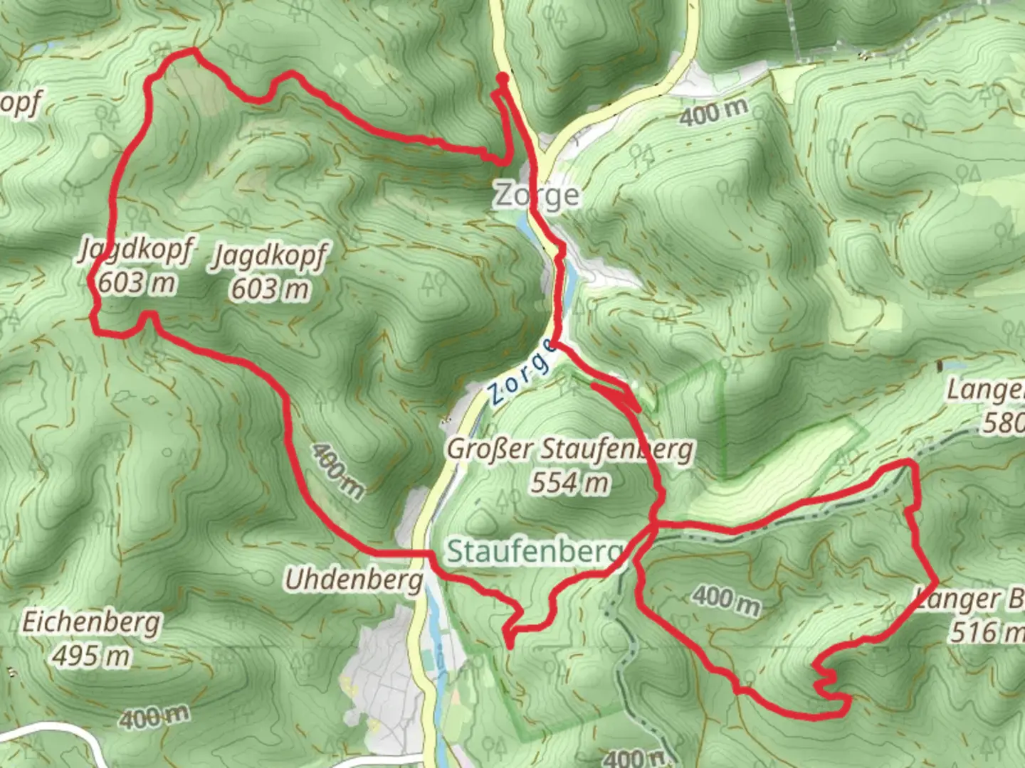 An image depicting the trail Staufenberg and Rote Schub Loop - Zorge and its surrounding area.
