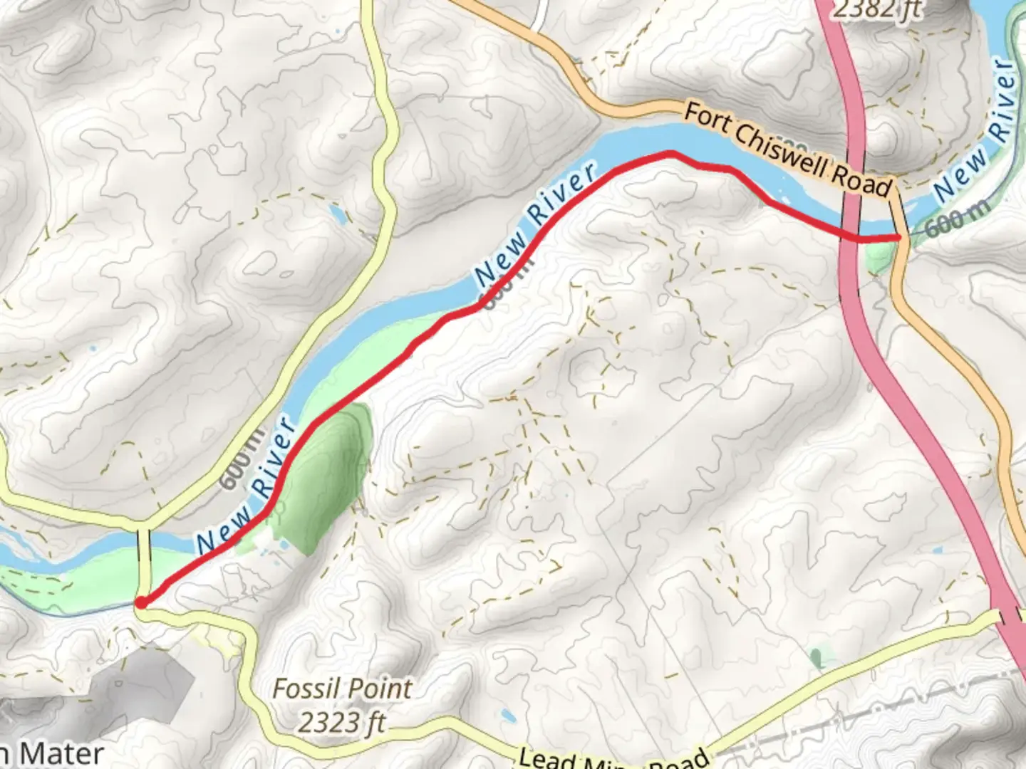 An image depicting the trail Shot Tower State Historical Park via New River Trail and its surrounding area.