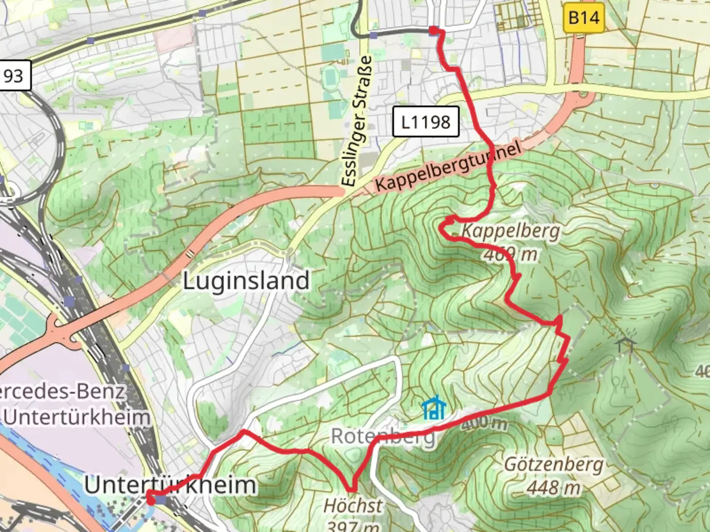 An image depicting the trail Untertürkheim to Fellbach Lutherkirche and its surrounding area.