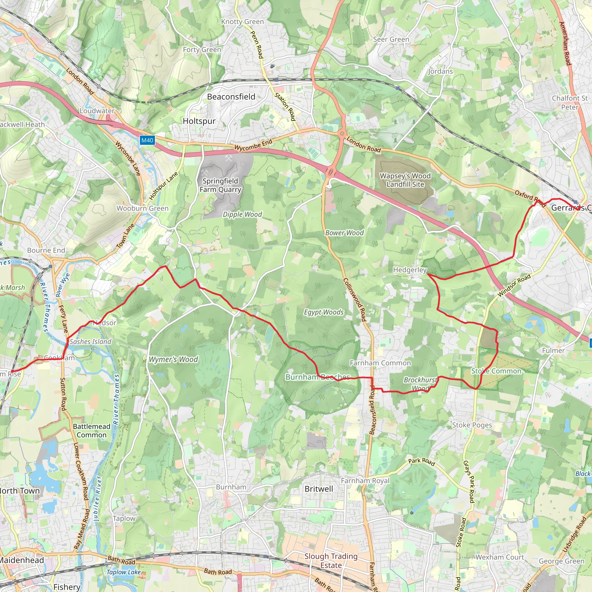 Cookham to Gerrards Cross via Burnham Beeches mobile static map