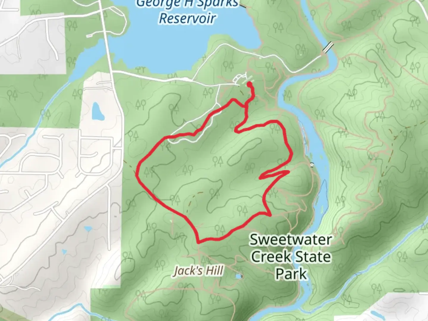 An image depicting the trail Sweetwater Creek State Park - White and Green Loop Trail and its surrounding area.